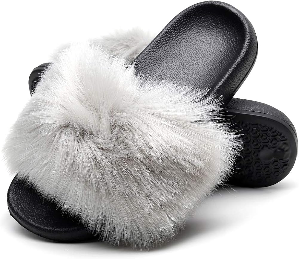Women Fox Fur Slippers Slides Sandals Fashion Indoor Outdoor Flat Soles Feather Leather Open Toe Single Slip On Summer Furry Slippers