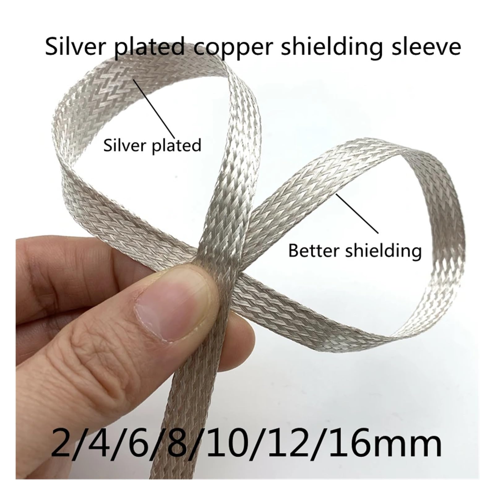 Manchon de Blindage en cuivre plaqué Argent 2 4 6 8 mm Filet tressé télescopique Fil Anti-interférence Manchons Anti-Ondes électromagnétiques(Width 10MM_5M)