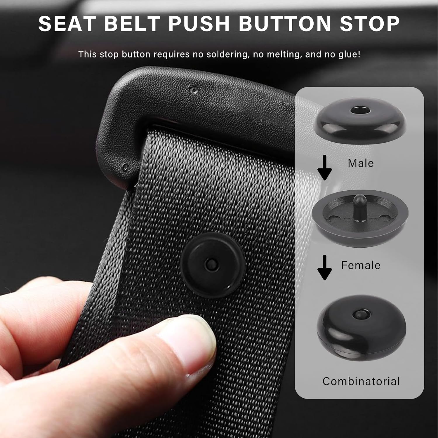 10 Sets Seat Belt Button Stop, Snap-on Seatbelt Stopper Kit Prevent Buckle from Sliding Down, No Welding Required Plastic Safety Belt Stop Clip for Cars Trucks SUVs (Black)