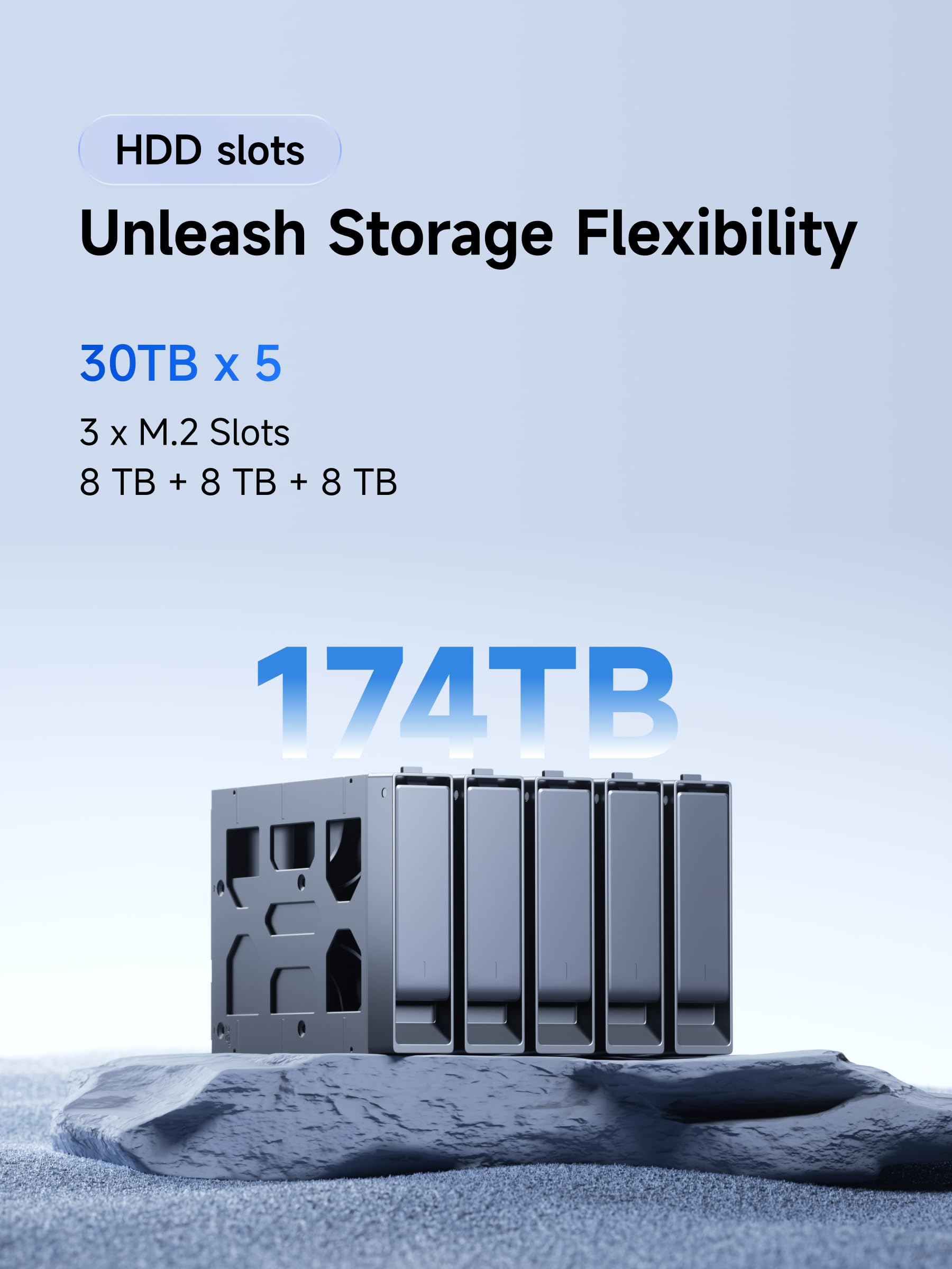 MINISFORUM NAS de bureau N5 Air à 5 baies, processeur AMD Ryzen 7 255, processeur 8C/16T, Radeon 780M, 16 Go de RAM, 64 Go SSD, 3 × M.2 NVMe, 10 GbE + 5 GbE, ports OCuLink et USB4, emplacement