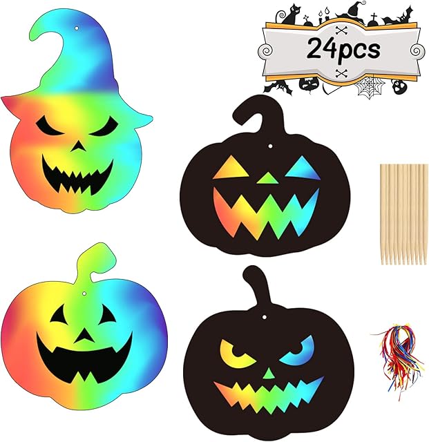 LAITER 24 Pcs Halloween Scratch Art Pumpkin for Kids Scratch Art Art DIY Crafts Halloween Decoration with 12 Pcs Wooden Pencil and 48 Pcs Colored of the Rope (B)