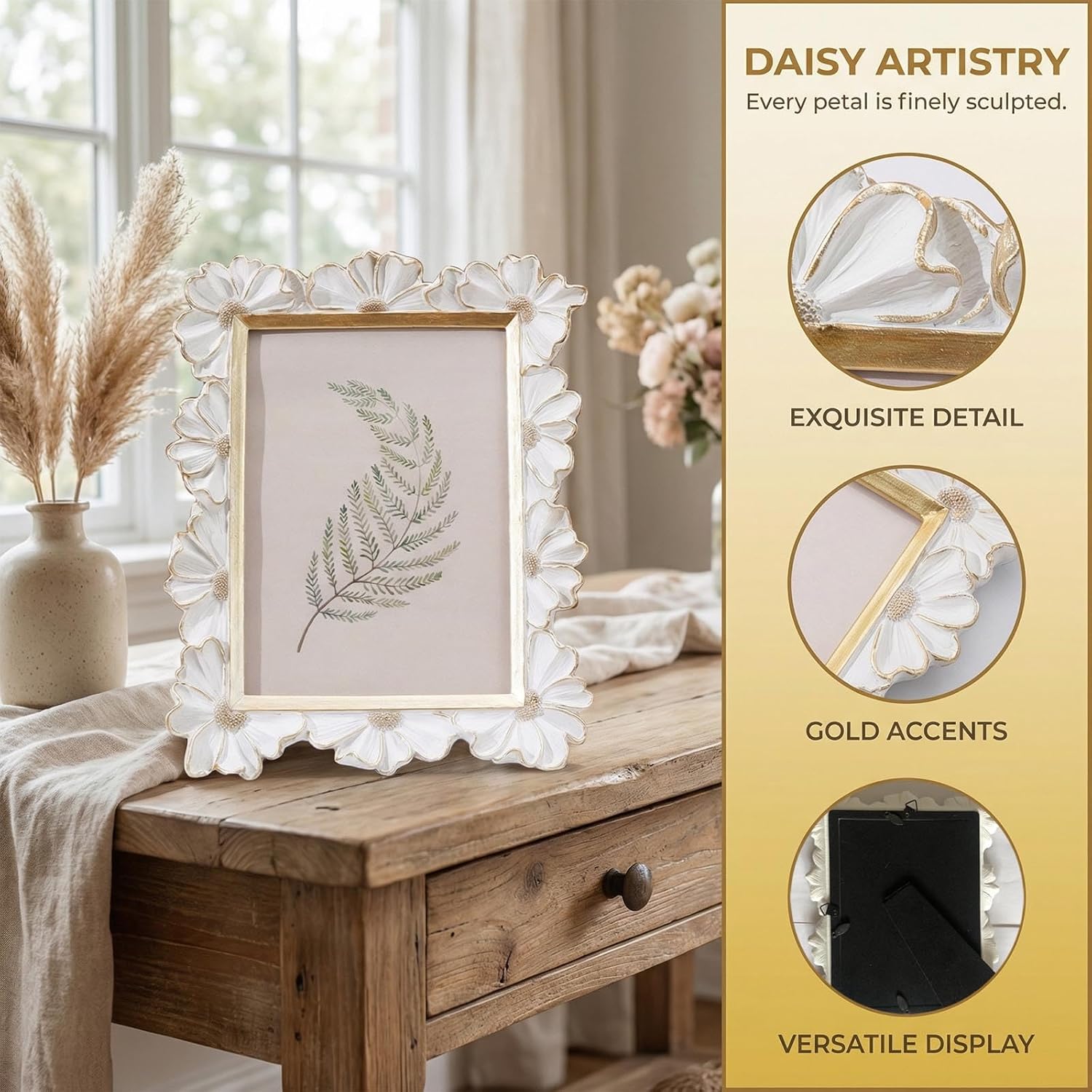 5 x 7 Inch Decorative Picture Frame with Floral Border, Vintage Style Photo Frame for Tabletop Display or Wall Hanging , Hand Carving Artwork Border for Home Decor, Desk, Family Photos (White, 5X7)