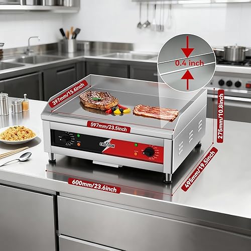 Miniatura 3 de CROSSON Plancha eléctrica comercial de encimera de 24 x 16 pulgadas, parrilla eléctrica superior plana de 120 V3500 W, placa de cocina cromada