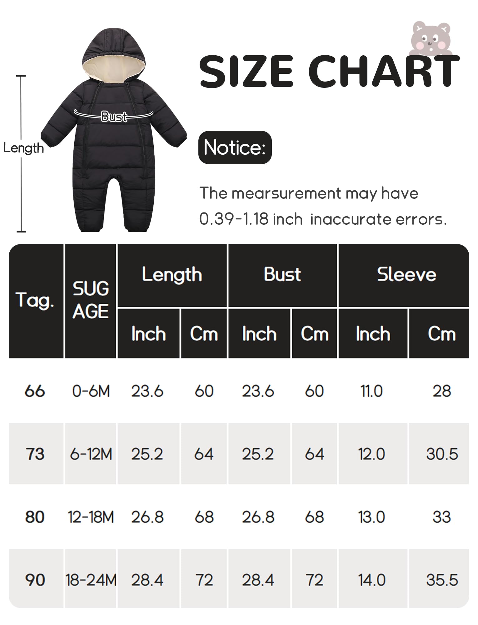 Maeau Combinaison de Neige Ski Bébé 0-24 Mois Manteau à Capuche Snowsuit Hiver avec Double Fermeture Éclair