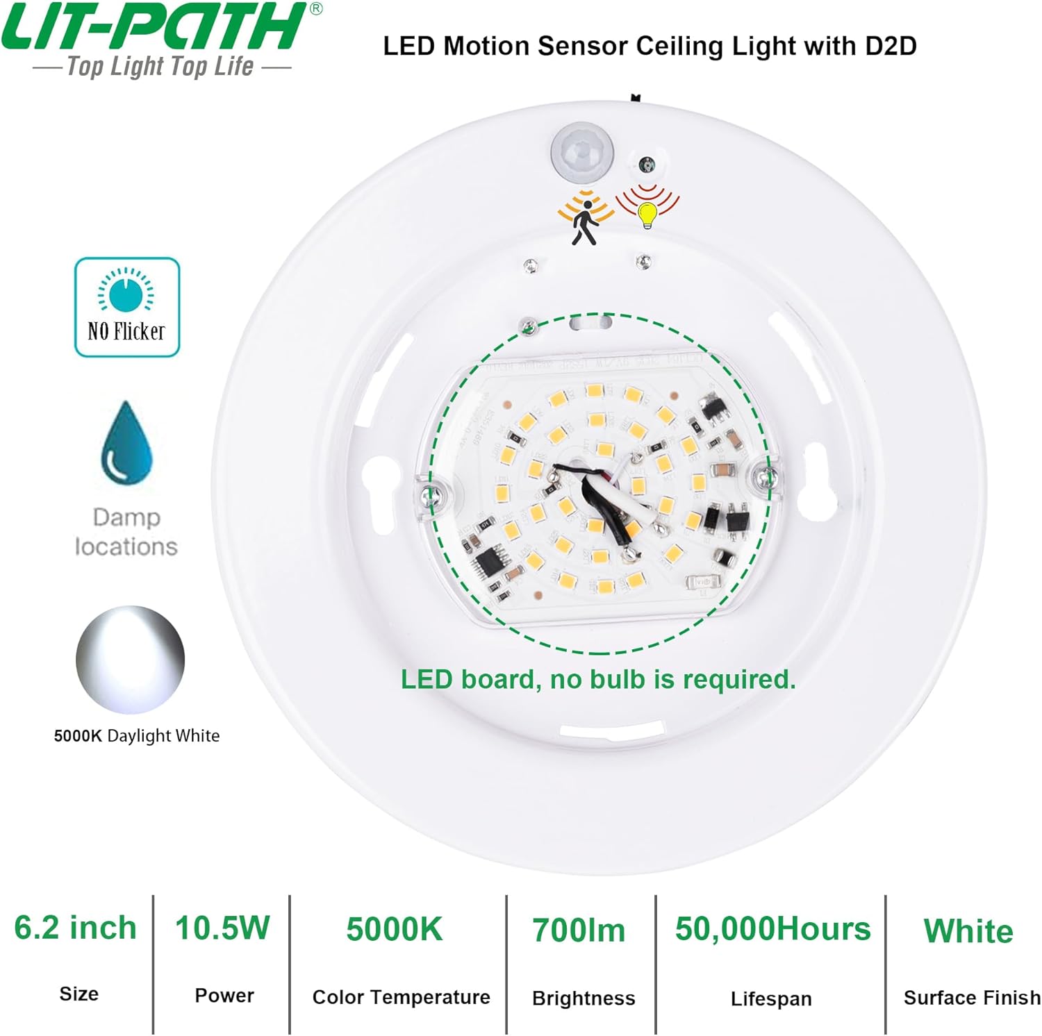LIT-PaTH LED Flush Mount Ceiling Light, Closet Lighting Fixture with Motion Sensor and Dusk to Dawn, 10.5W, 800 Lumen, 6.2 Inch, Anti-Rust Galvanized Housing, White Finish 5000K 4-Pack