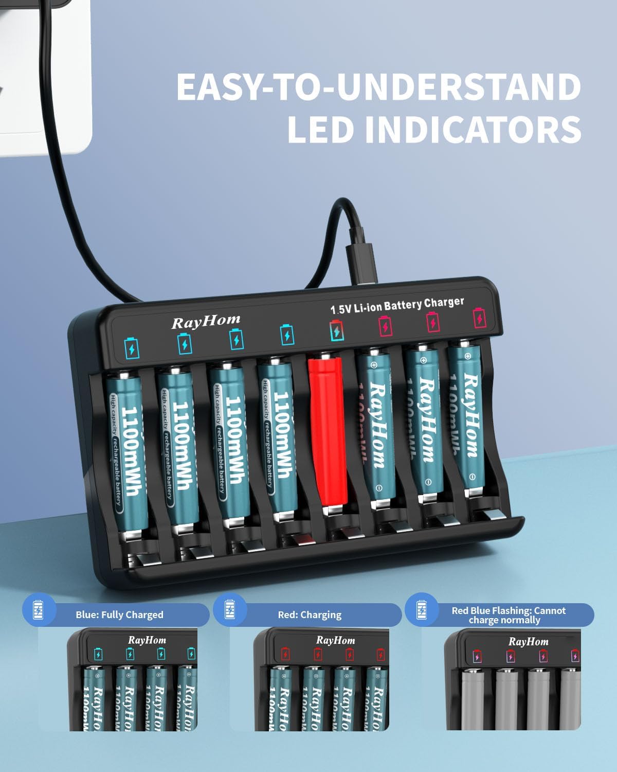 Rechargeable AAA Lithium Batteries with Charger, 8Pack Li-ion Triple a Battery, 1.5V 1100 mWh High Capacity, Cycle Times Over 1000