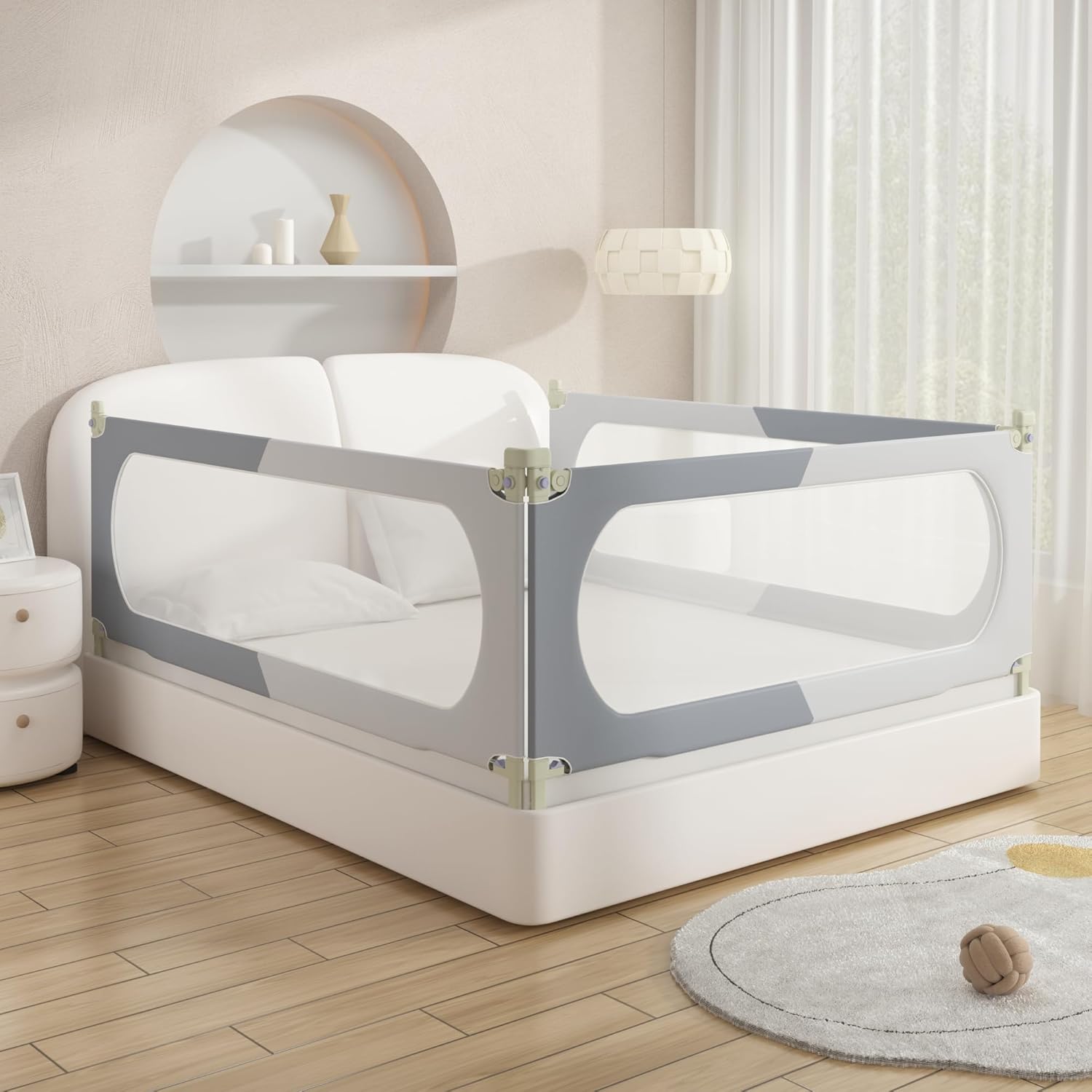 Bed Rail for Toddlers Twin, Full, Queen, King & Cal kingMattress Size | Swing Down Rail Guard | Mattress Side Rail for Kids (Gray and White, (3 Sides for Queen Size) 79.9x79.9x59.8 Inch)