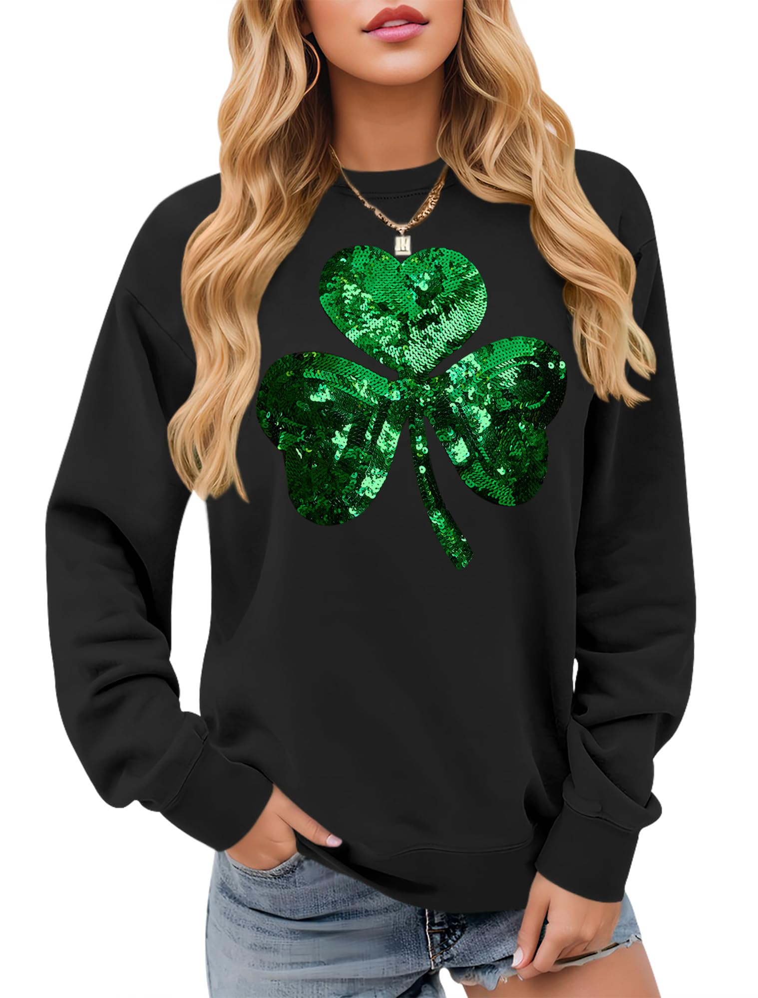 Womens St Patricks Long Sleeve Clover Sweatshirts Lucky Green Shamrock Graphic Irish Crewneck Top-image-29