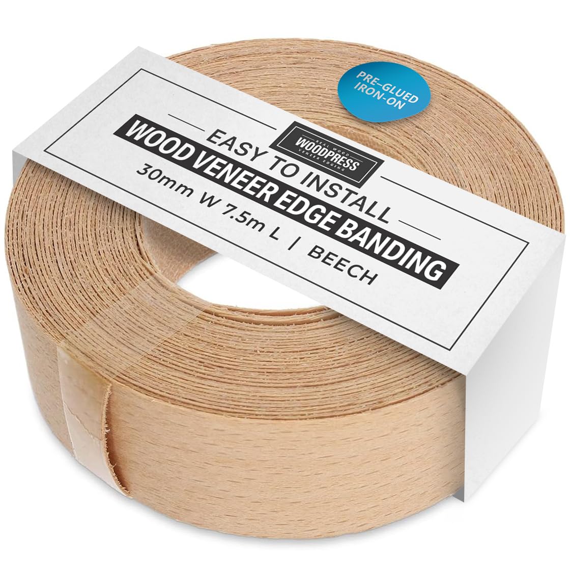 Woodpress Sand Beige 30Mm Real Beech Edging Tape - 7.5M Iron On Edging Strip - Pre-Glued Wood Veneer Edging Tape For Diy Application - Edge Banding For Furniture Restoration - Hot-Melt Adhesive Wood Trim Edging