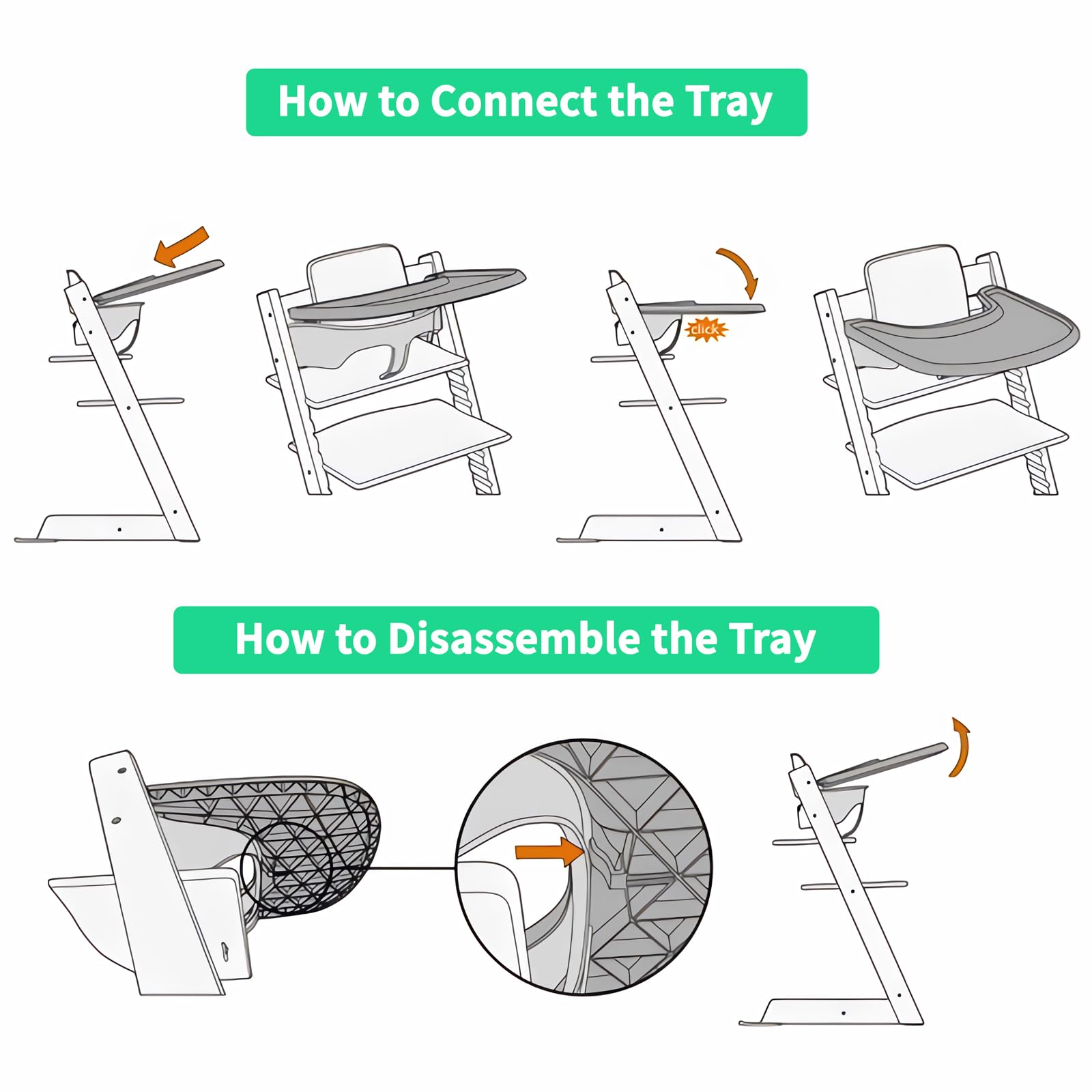 Vassoio compatibile con sedia Stokke Tripp Trapp,vassoio per seggiolone, accessori per seggiolone per bambini 6-36 mesi, fissaggio a clic rapido al seggiolone, antiscivolo, lavabile (Grigio)