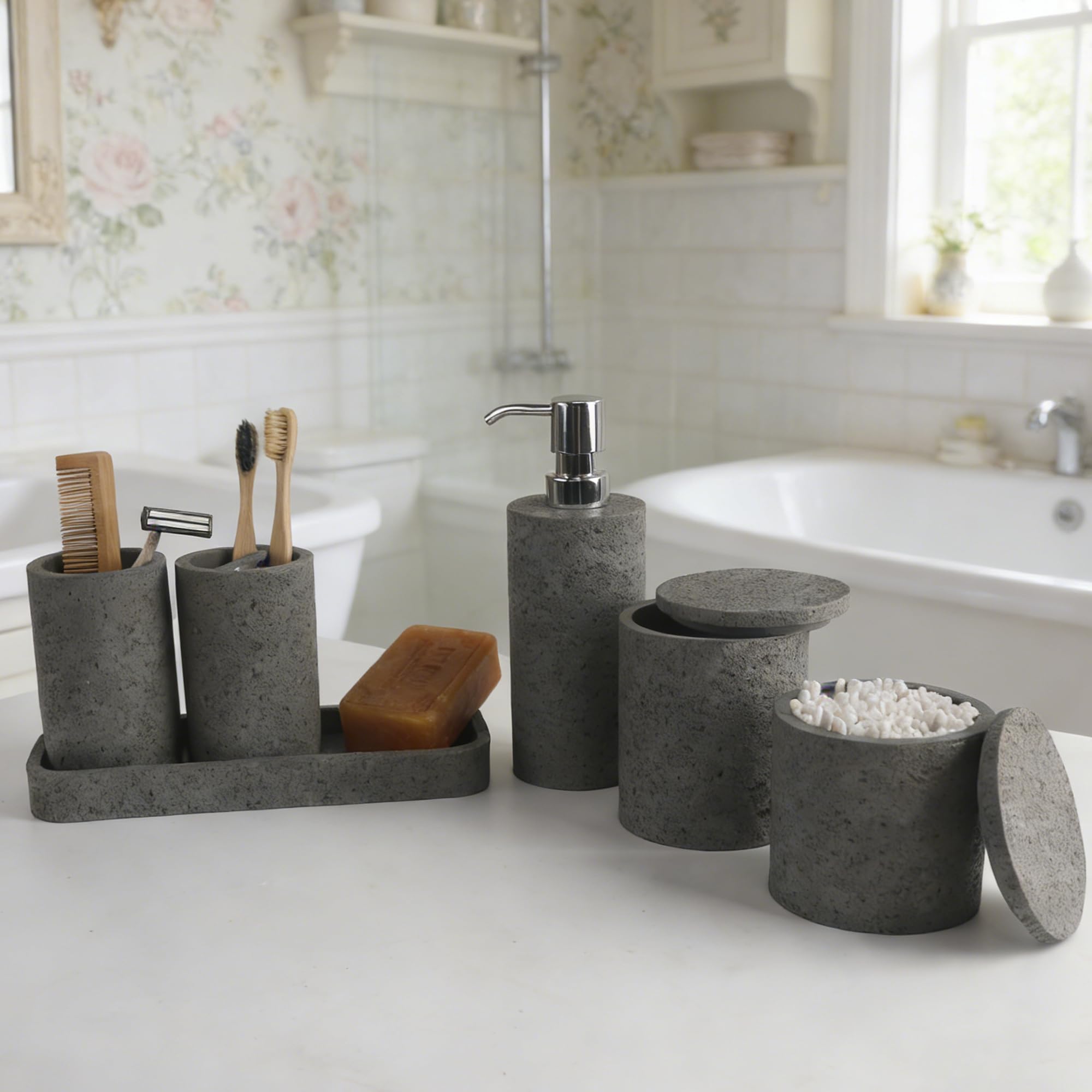 Set de Baño de 6 Piezas - Juego Accesorios Baño con Dispensador de Jabón, 2 Soportes para Hisopos, Soporte para Cepillo de Dientes, Vaso de Baño y Bandeja de Tocador - Poliresina, Aspecto Gris