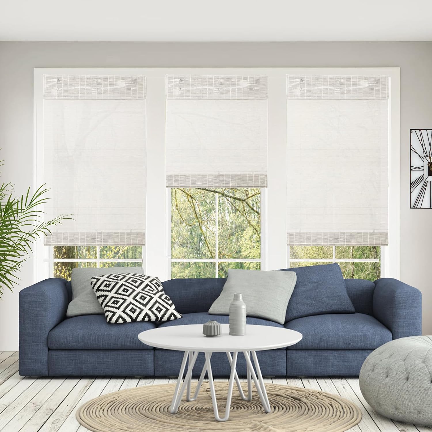 SUAKY Bamboo Roman Shades Cordless Blackout, Customer Bamboo Blinds Natural Woven Bamboo Shades with 6 Inches Valance, Natural 100% Bamboo and Linen Window Blinds for Home, Color E-E02