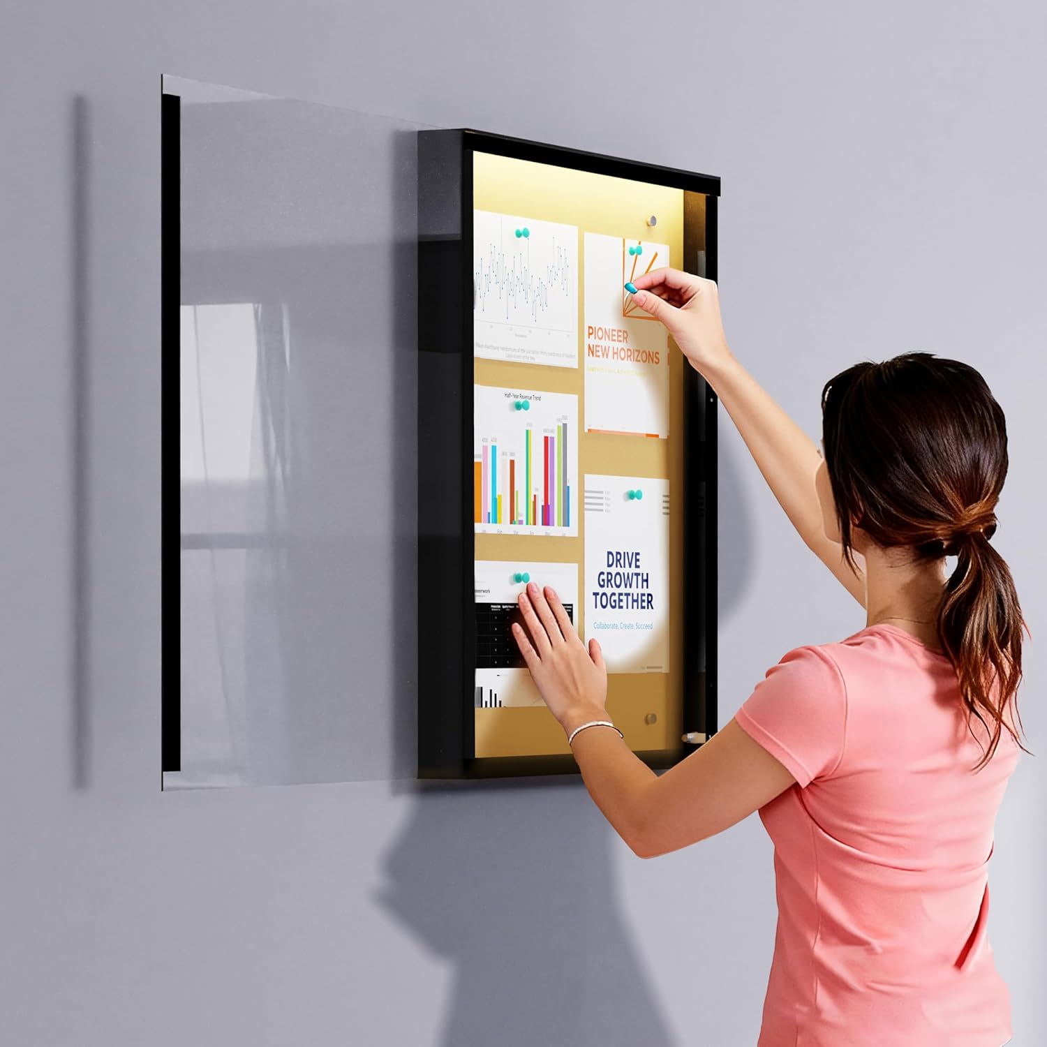 24"X36" Enclosed Bulletin Board with LED Lights, IP65 Waterproof Notice Board Outdoor UV-Resistant, Lockable Cork Bulletin Board for Office, School, Restaurants