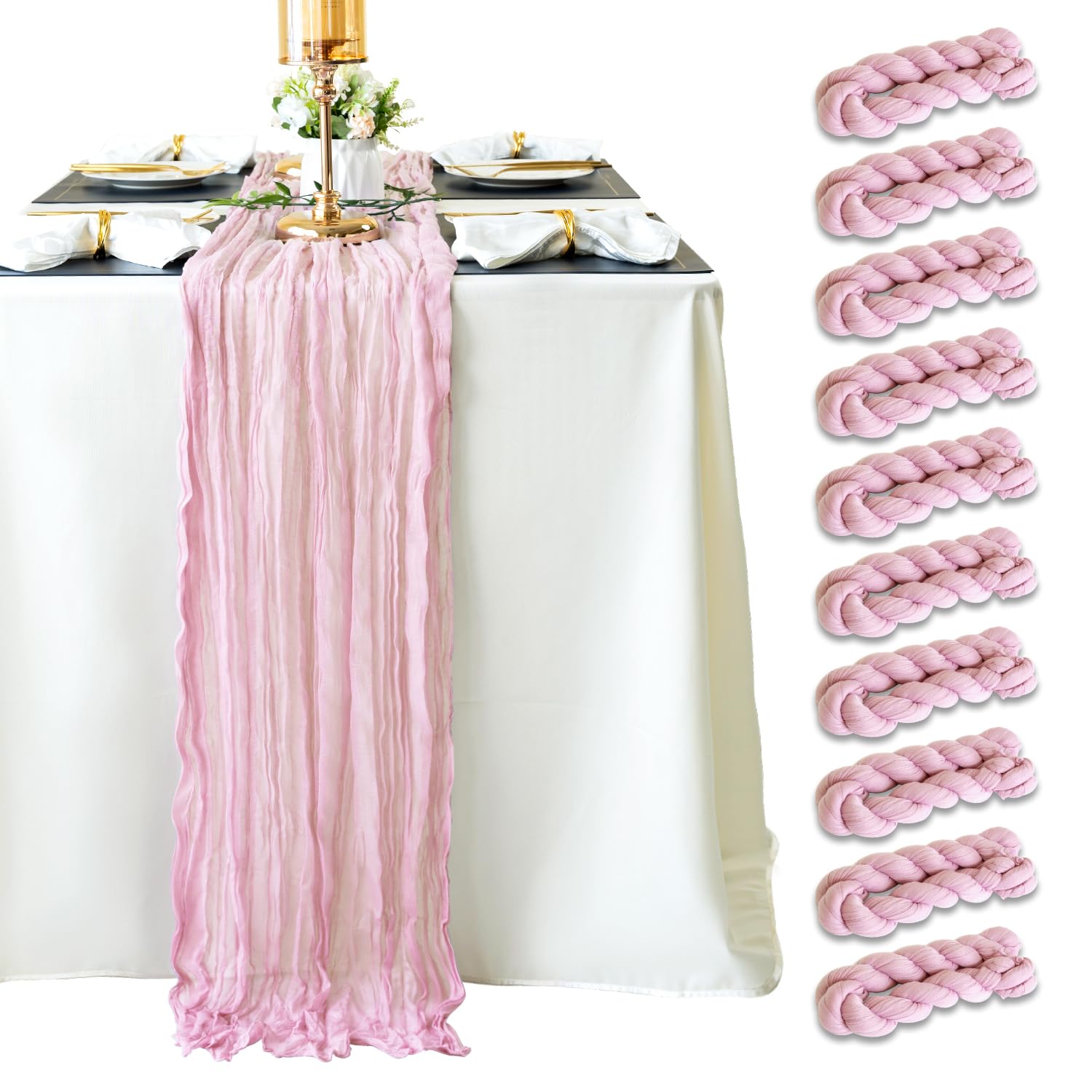 Sioloc 10 Pack Light Pink Cheesecloth Table Runner 10ft Boho Pink Chiffon Cheese Cloth Table Runner for Wedding Party Bridal Baby Shower Birthday Table Decorations