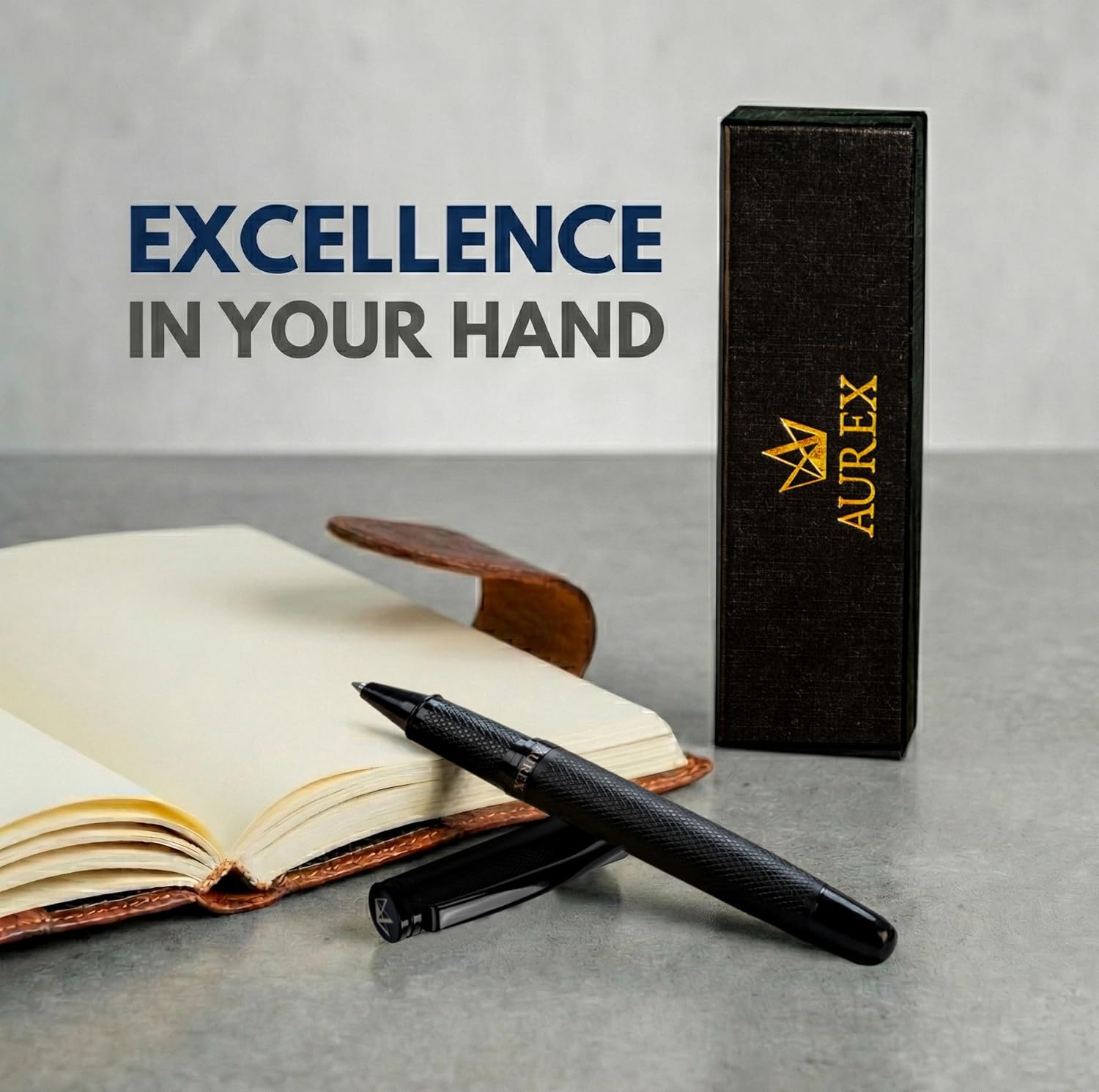 AUREX Luxury Black Rollerball Pen – Metal Pen with Cap, Micro Tip, Diamond Body Design, Gift Box & Blue + Black Ink – Executive Writing Pen