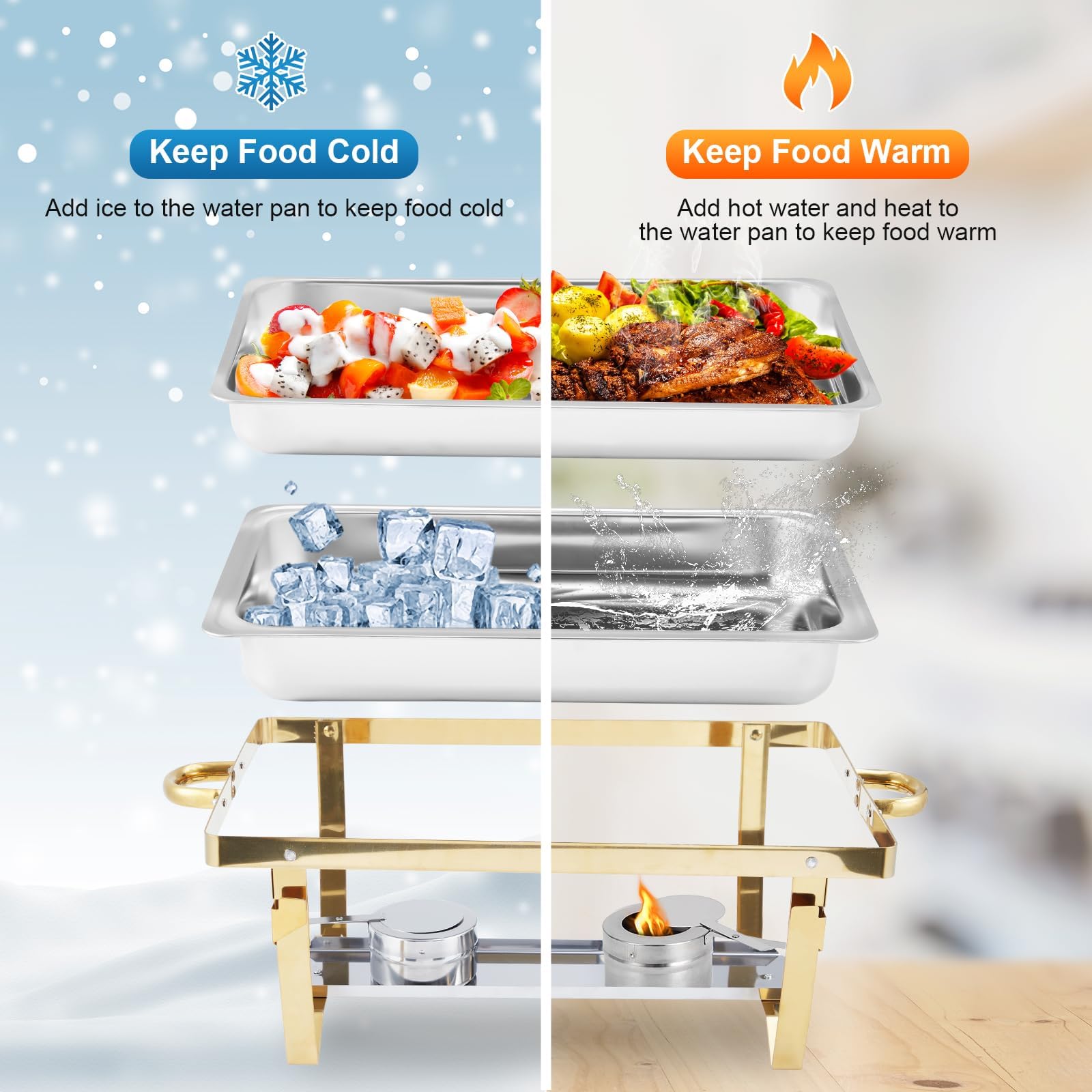 Garvee Set de 4 bandejas rectangulares para Buffet de 8L – Acero Inoxidable Dorado – Calienta Alimentos con Tapa y Soporte Plegable – para Catering, Fiestas, Bodas y restaurantes – 4 Piezas, Dorado,