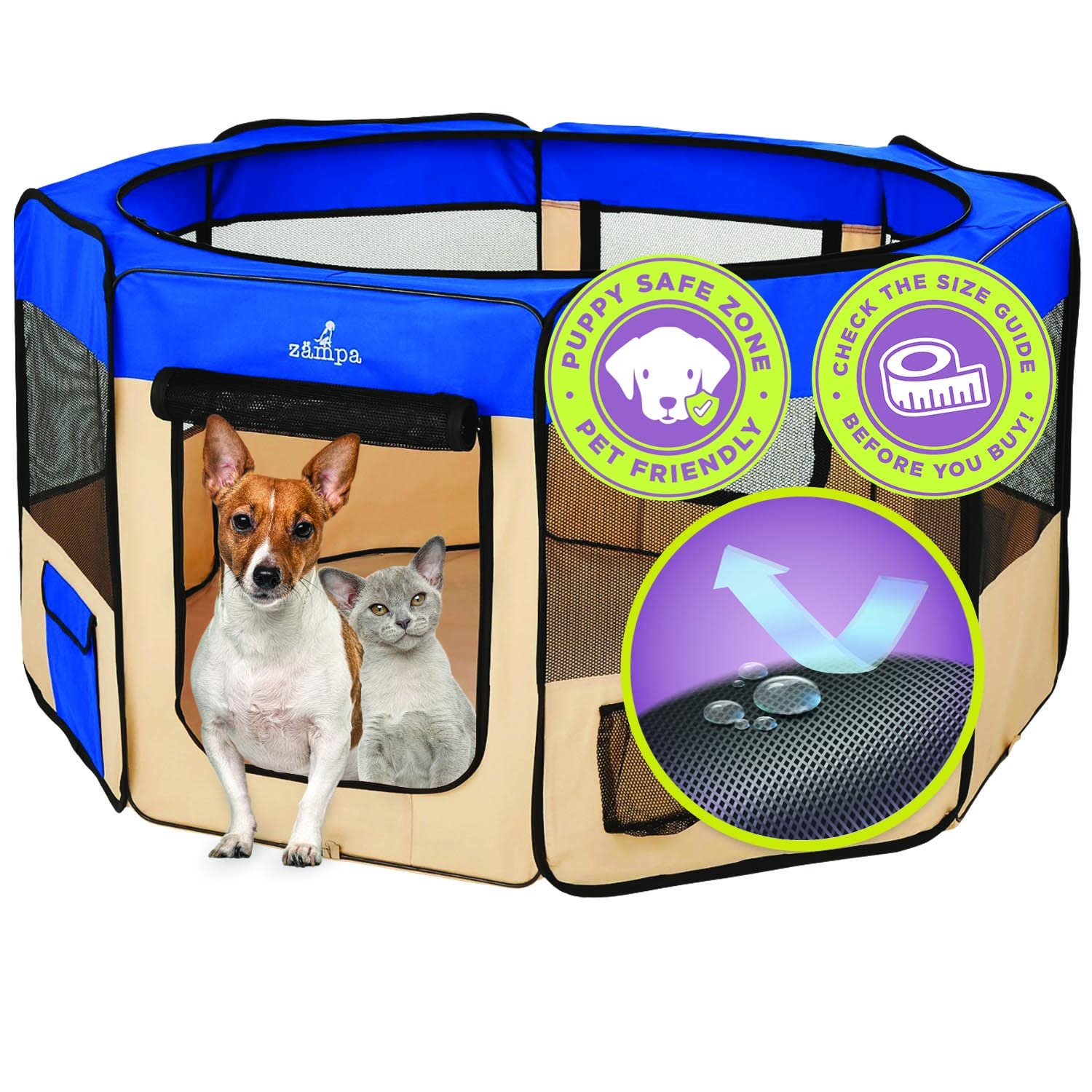 Zampa Dog Playpen Large 61"x61"x30" Pop Up Portable Playpen for Dogs and Cat, Foldable | Indoor / Outdoor Pen & Travel Pet Carrier + Carrying Case.