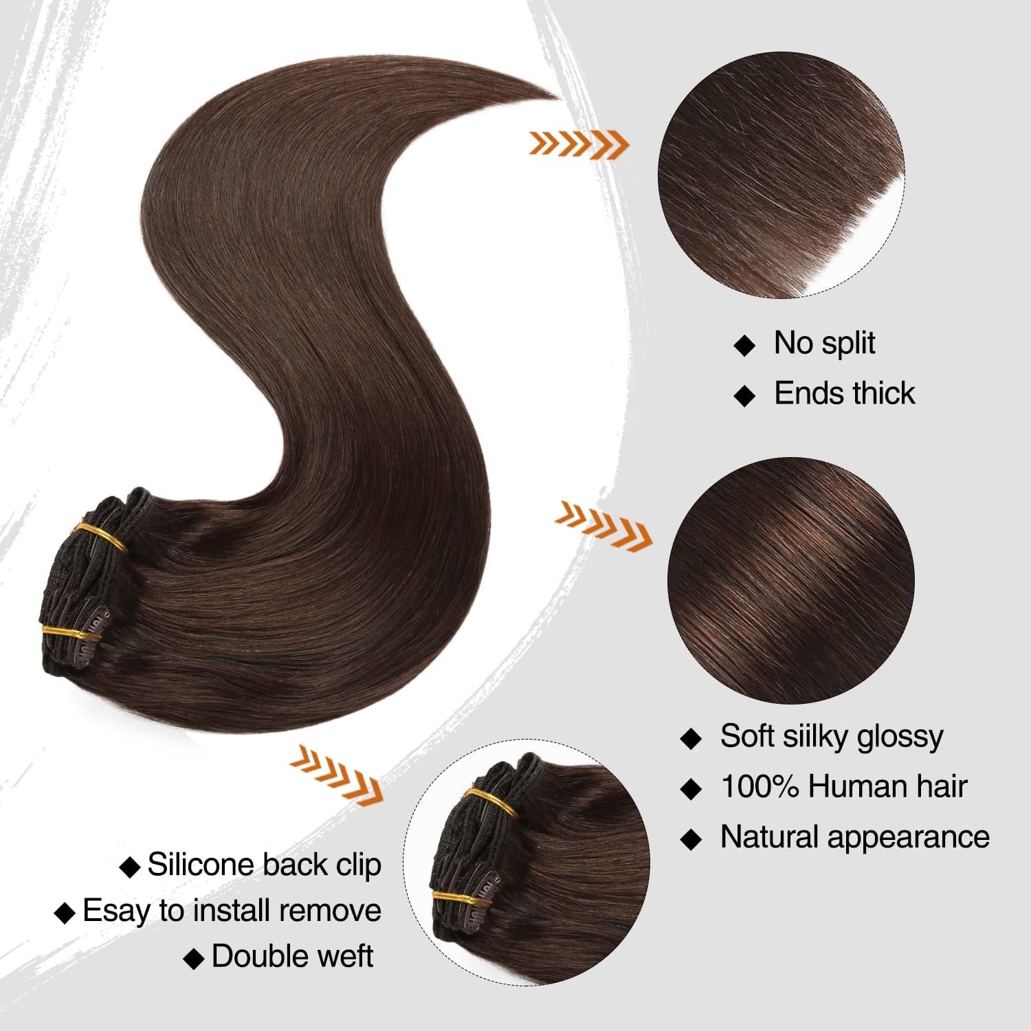 Yilite Hair Extensions Clip in Brown Clip in Human Hair Extensions Real Remy Silky Straight Double Weft Invisible #2 Dark Brown Weft 14 Inch 110g 8pcs - Image 5