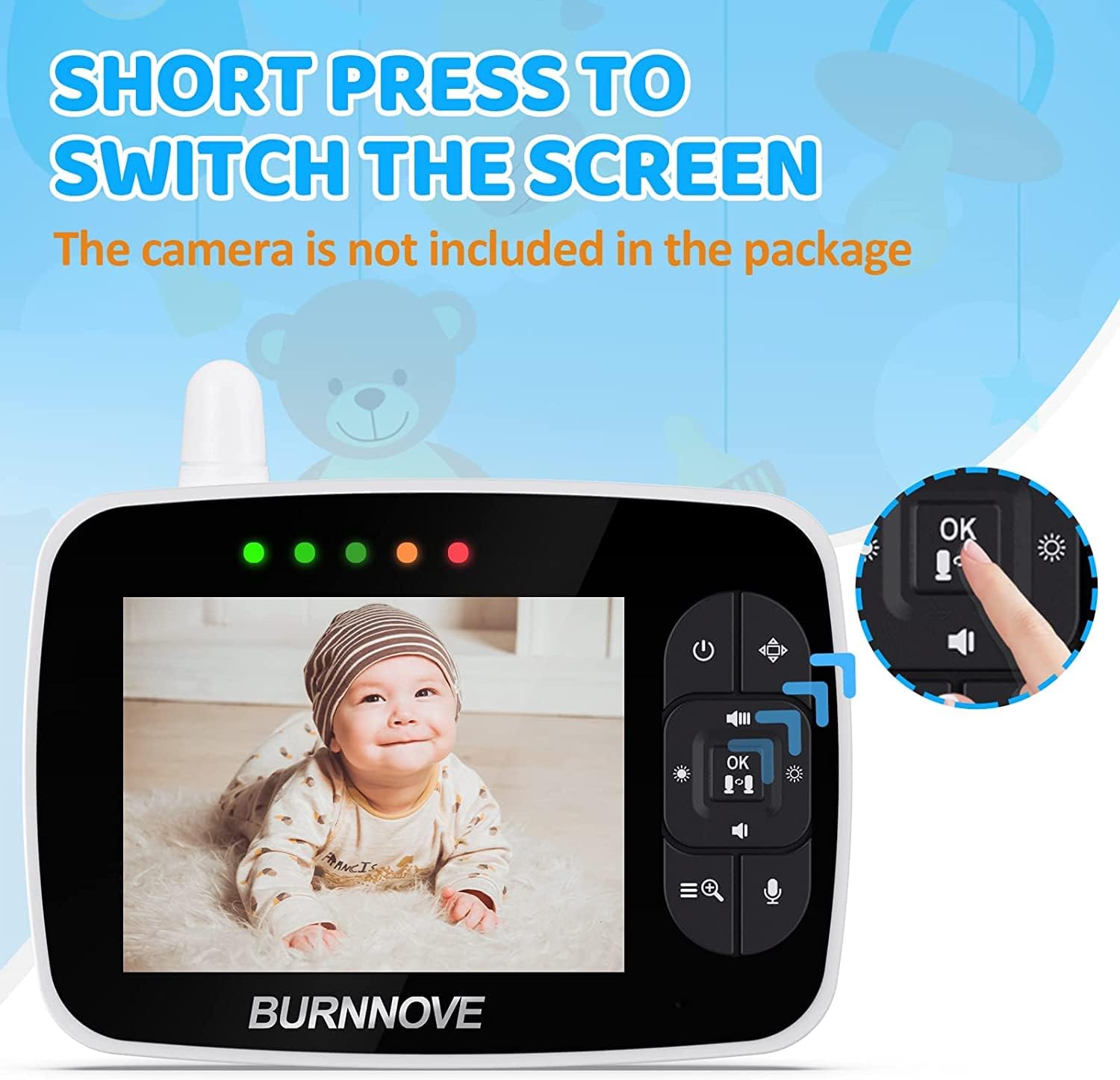 BURNNOVE baby monitor screen showing a baby, with an inset image of a finger pressing the OK button to switch screens.
