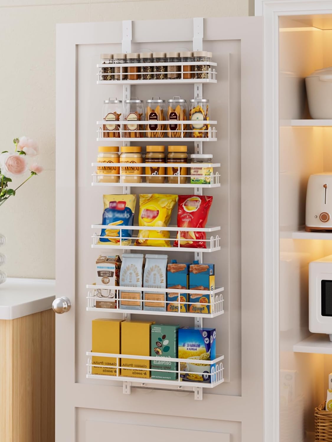 Delamu Over the Door Pantry Organizer, 6 Tier Pantry Door Organizer with Adjustable Basket, Door Spice Rack Seasoning Organizer, Metal Hanging Pantry Organizers and Storage for Kitchen,15.3" White