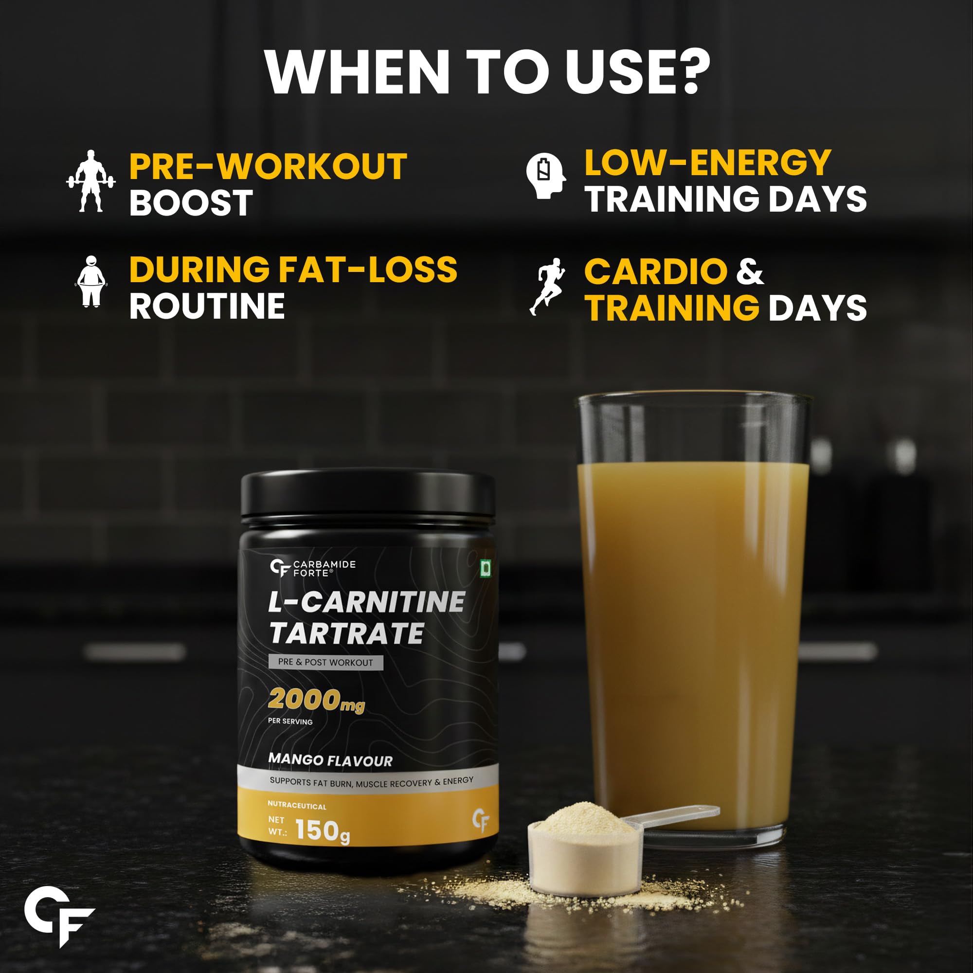 Carbamide Forte L Carnitine Powder For Men & Women | L Carnitine Tartrate Fat Burn & Muscle Recovery | L-Carnitine Powder Pre & Post Workout Supplement | Mango Flavour - 150g — Amazon image 9