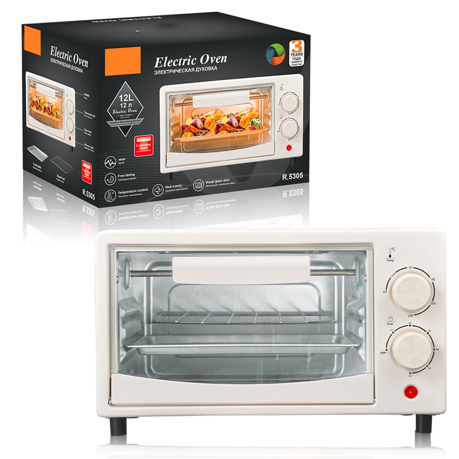 Kuchenka elektryczna, mini blat z piekarnikiem, grillem i płytami grzewczymi, pojemność 12 litrów, regulowane ustawienia ciepła, timer 60 minut, lampka kontrolna
