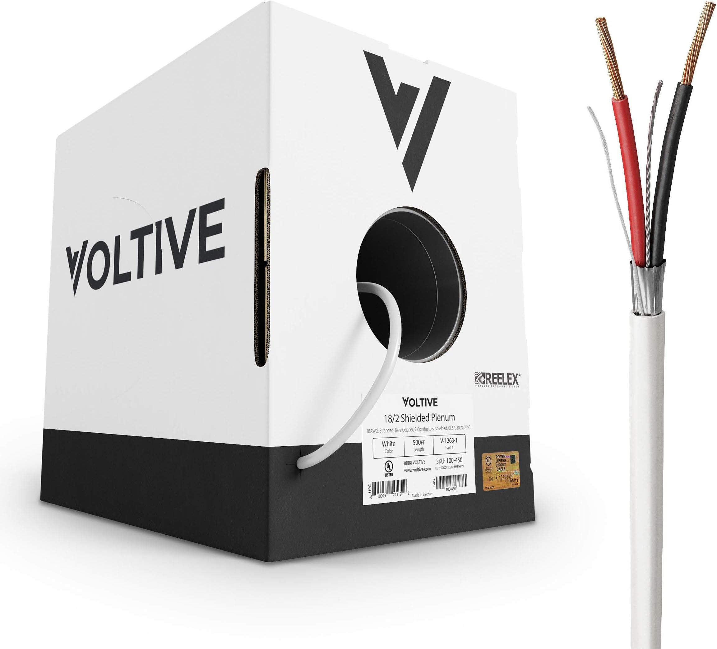 - Voltive 18/2 Shielded Low Voltage Wire, Plenum CL3P, White, 500ft - 18AWG, 2 Conductors, Overall Shield, Stranded Bare Copper, UL Listed - V-1263-1