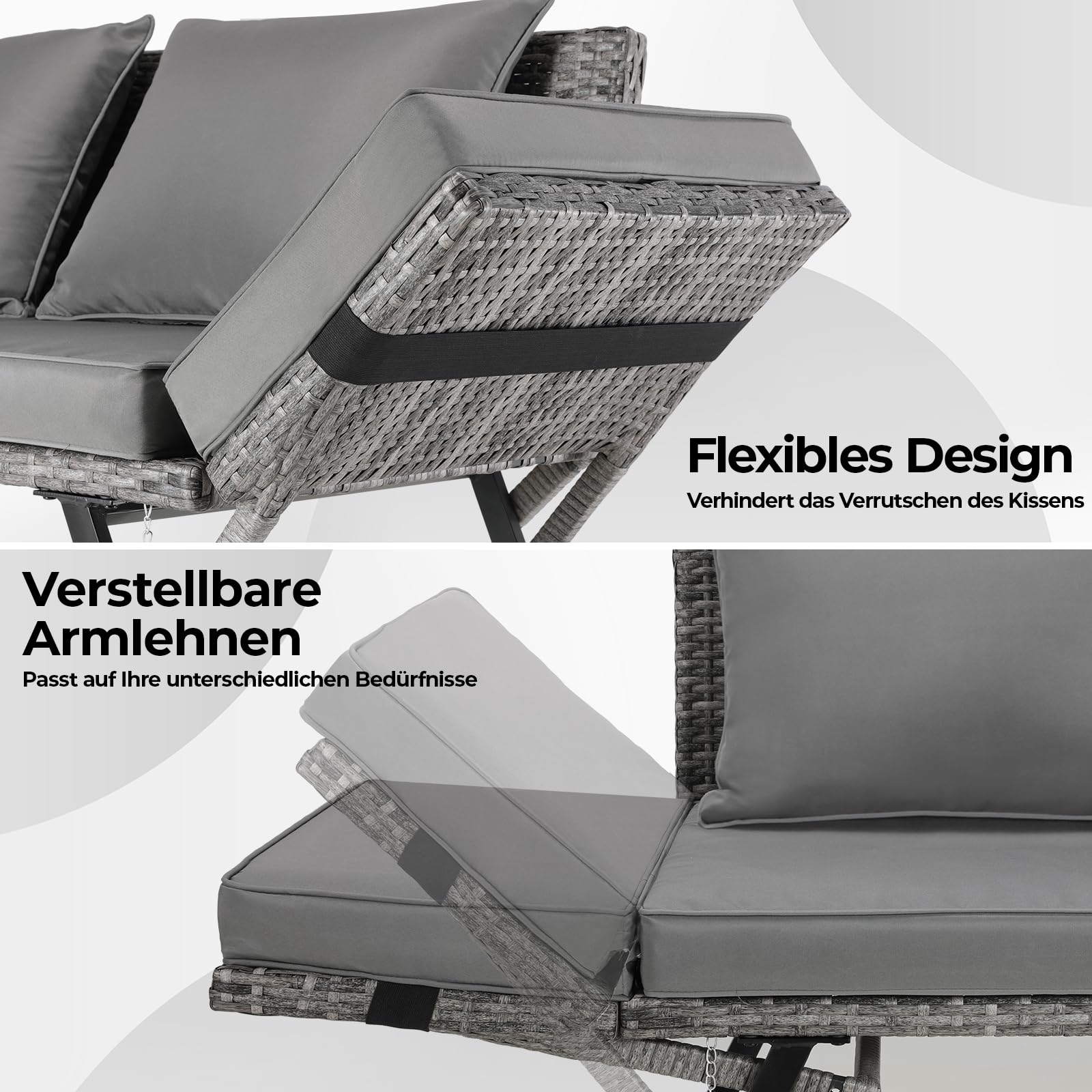LIFERUN Rattan-Gartenbank Für Garten, Terrasse,Balkon,Poolbereich,Innenhof, Polyrattan,Loungesofa,Gartensofa,2-Sitzer,Verstellbare Armlehnen,Outdoor Sofa,Graues Rattan