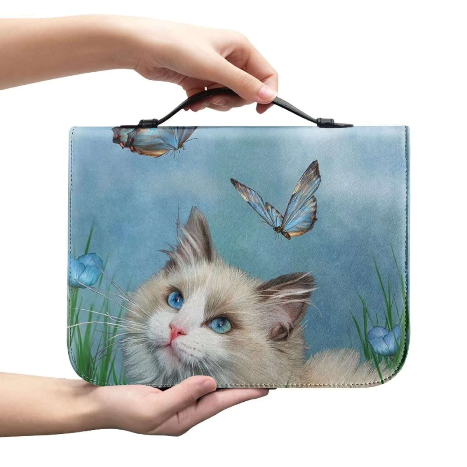 COEQINE Muppet Cat Print Leather Bible Cover, Waterproof Cut Cat Butterfly Print Church Bag Book Case Bag for Women Size M - Image 2
