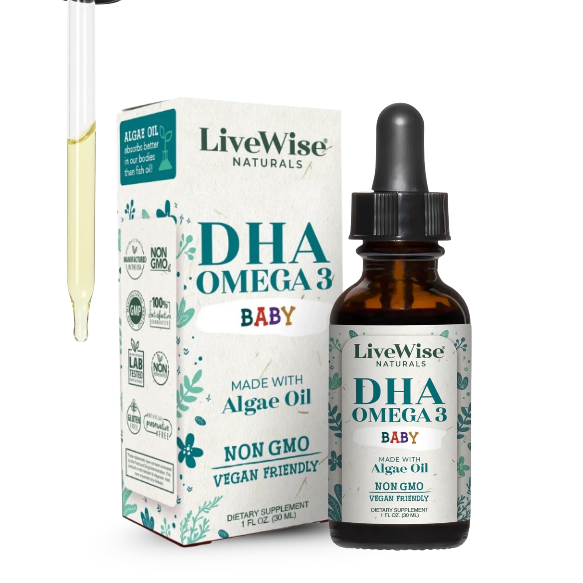 LiveWise Naturals DHA Omega 3 Drops for Kids - Vegan Liquid Omega 3 for Infants, Toddlers & Children - Essential DHA Supplement for Baby Brain, Eye & Immune Health