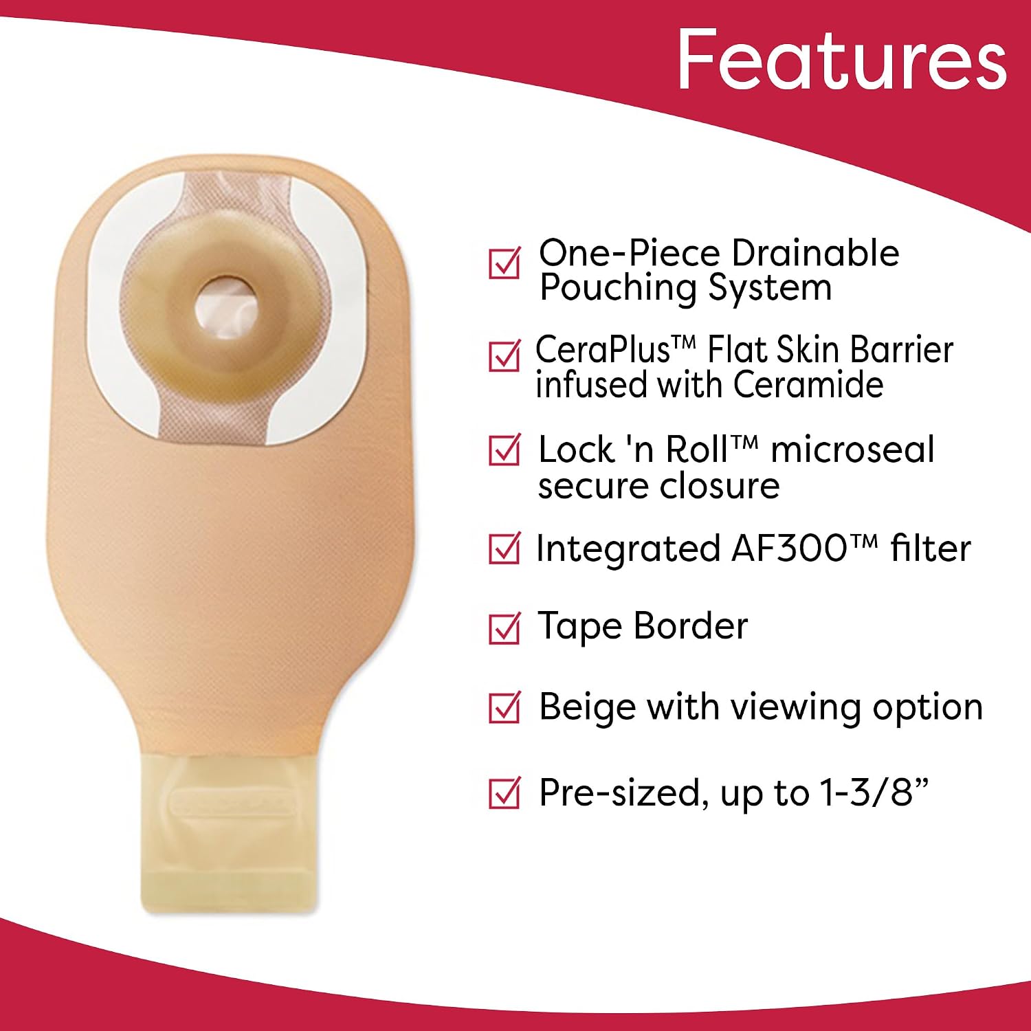 Hollister 8935 CeraPlus Flat 1-Piece 12” Drainable Ostomy Pouch, Pre-Sized 1-3/8” Opening, Beige with Viewing Option, 10 Pack