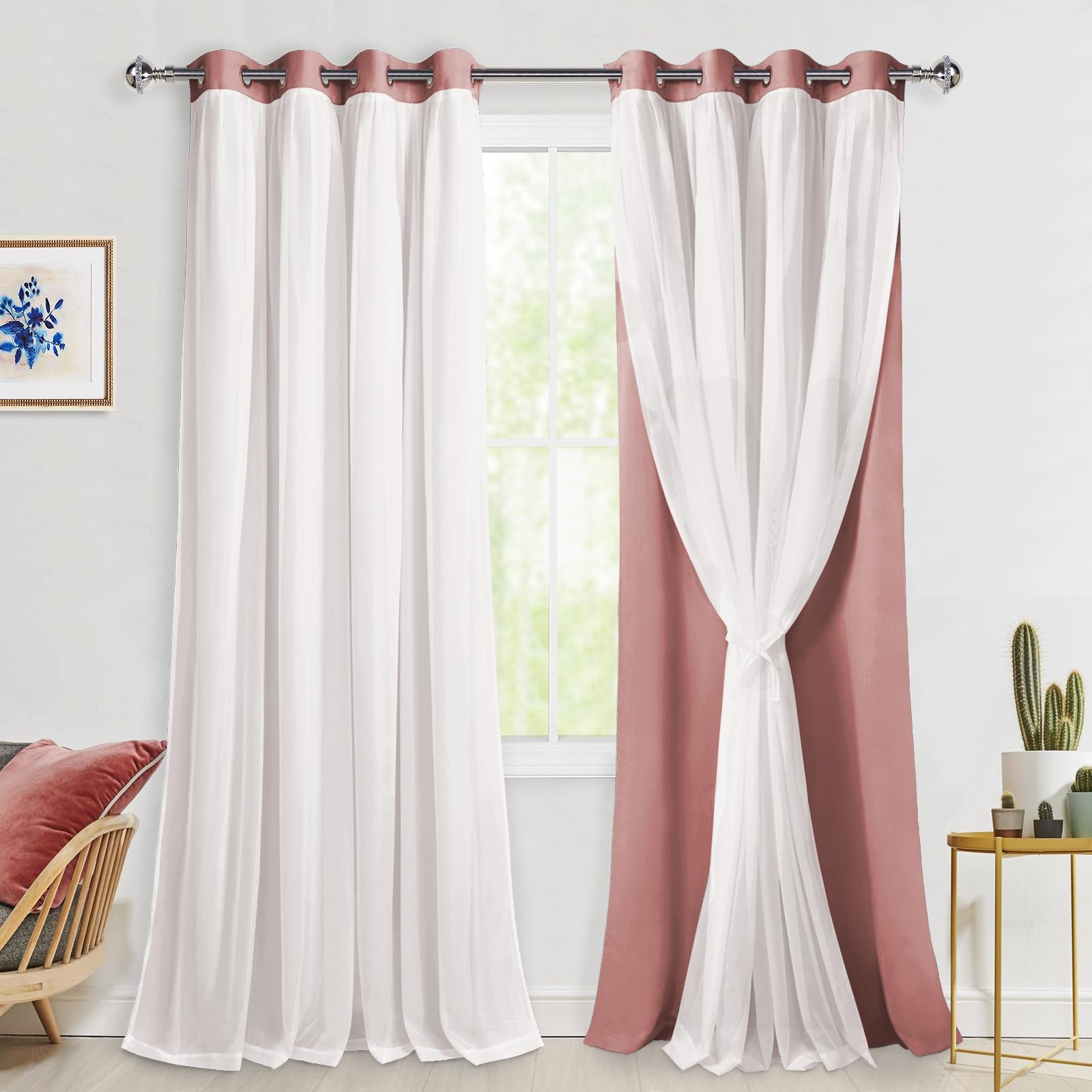 Rideau occultant double couche rose avec voilage Hiasan lot de 2 pour salon en 132x243 cm