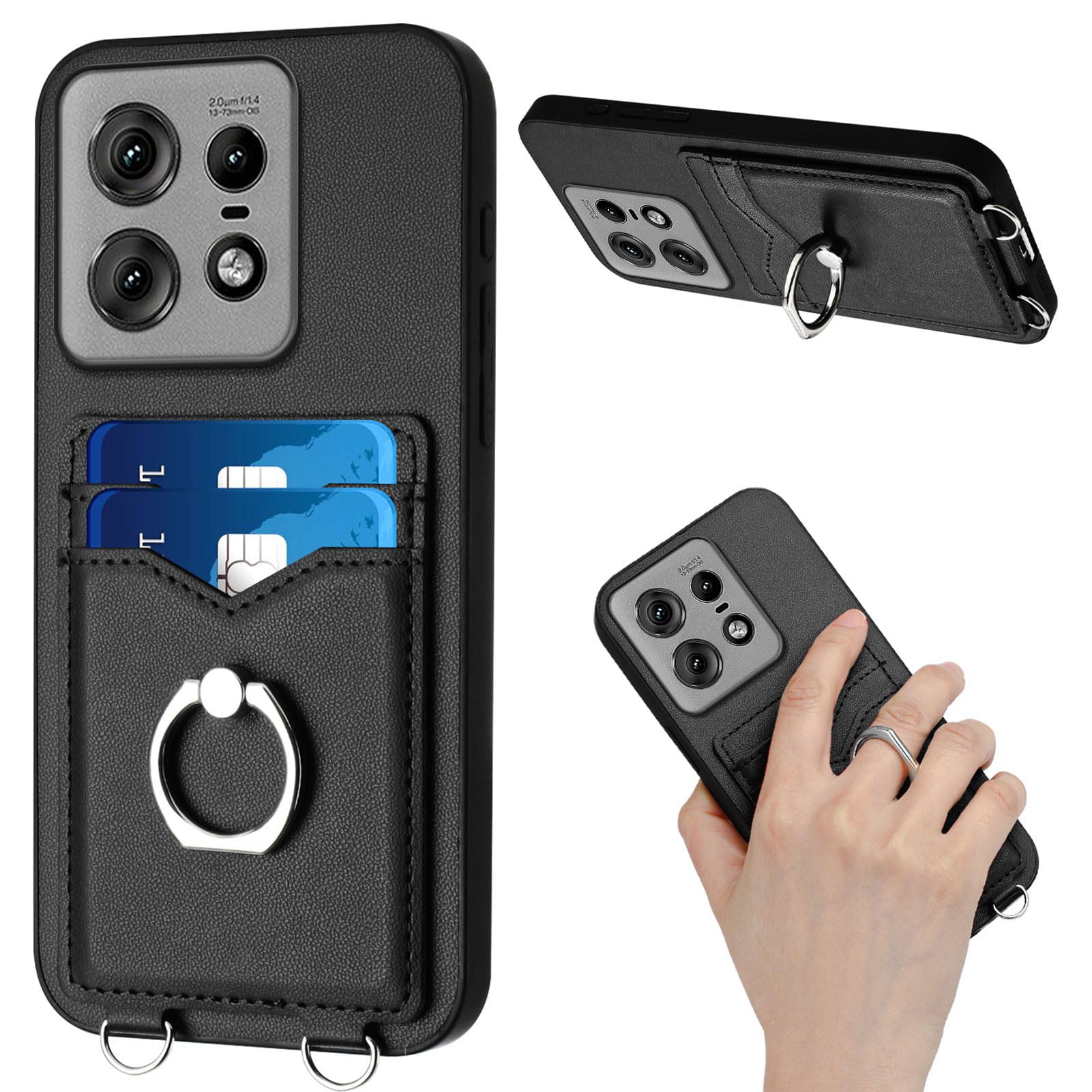 BIOPLJ Case for Motorola Moto Edge 50 Pro Hard Wearing Leather with Card Slots, Camera Protection, 360 Ring Stand, Leather Wallet Anti-Shock Cover Motorola Edge 50 Pro Case (Black)