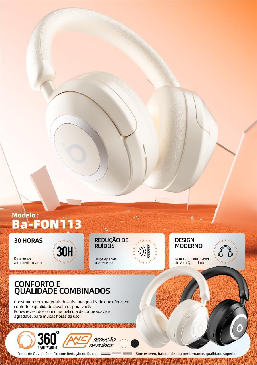 Fone de Ouvido Bluetooth, Basike BT21 Headphone Bluetooth, Redução de Ruído do ANC com Microfone, Certificação Hi-Pure Audio, 30 Horas de Duração da Bateria (Branco) 3 71AL4TU 5TL. AC SL1281
