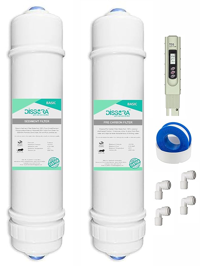Dissora Basic 10 Inch Inline Pre Activated Carbon and Sediment Filter Cartridge Set with TDS Meter, Compatible with All Brands RO UV UF Water Purifier