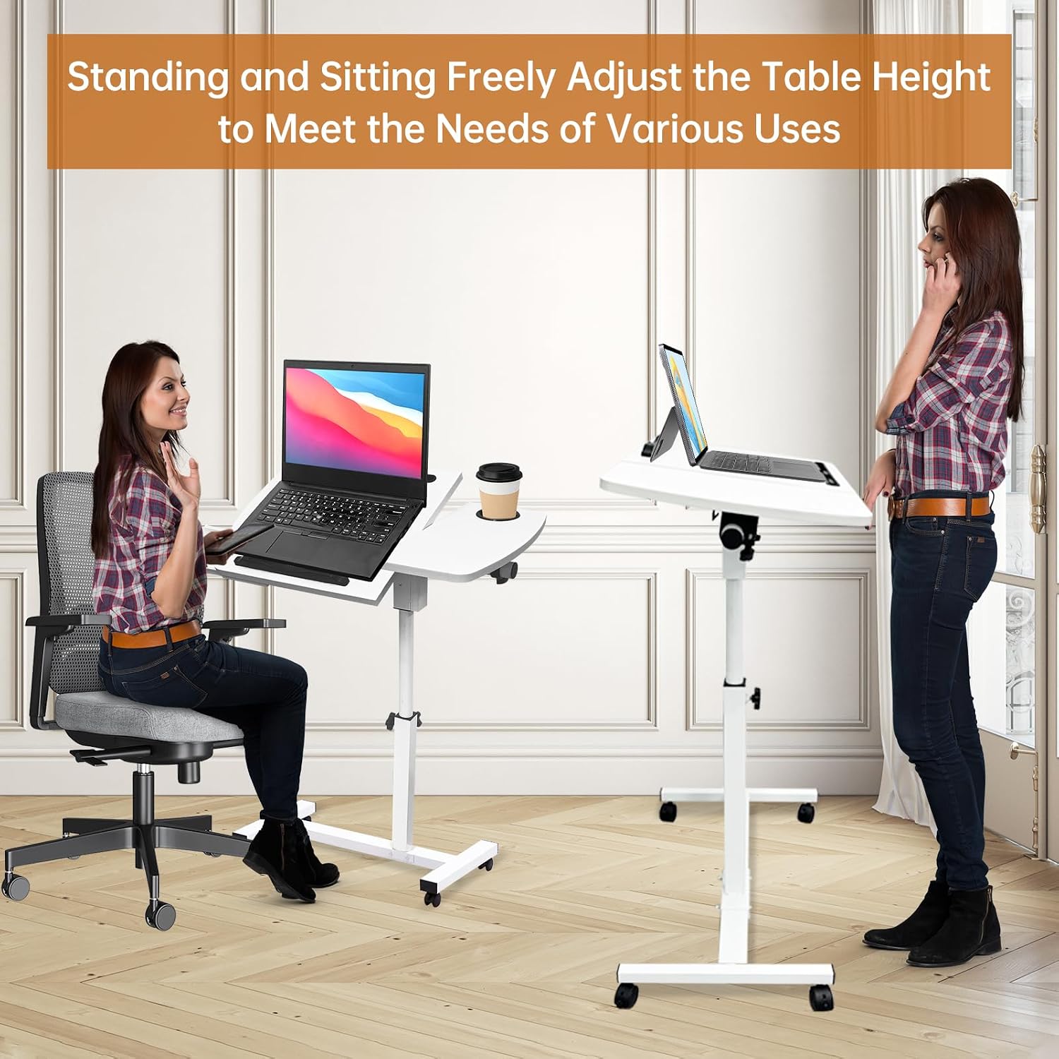 Medical Adjustable Overbed Bedside Table with Wheels, Mobile Standing Desk Laptop Computer Cart with Phone Holder and Drawer for Hospital and Home Use