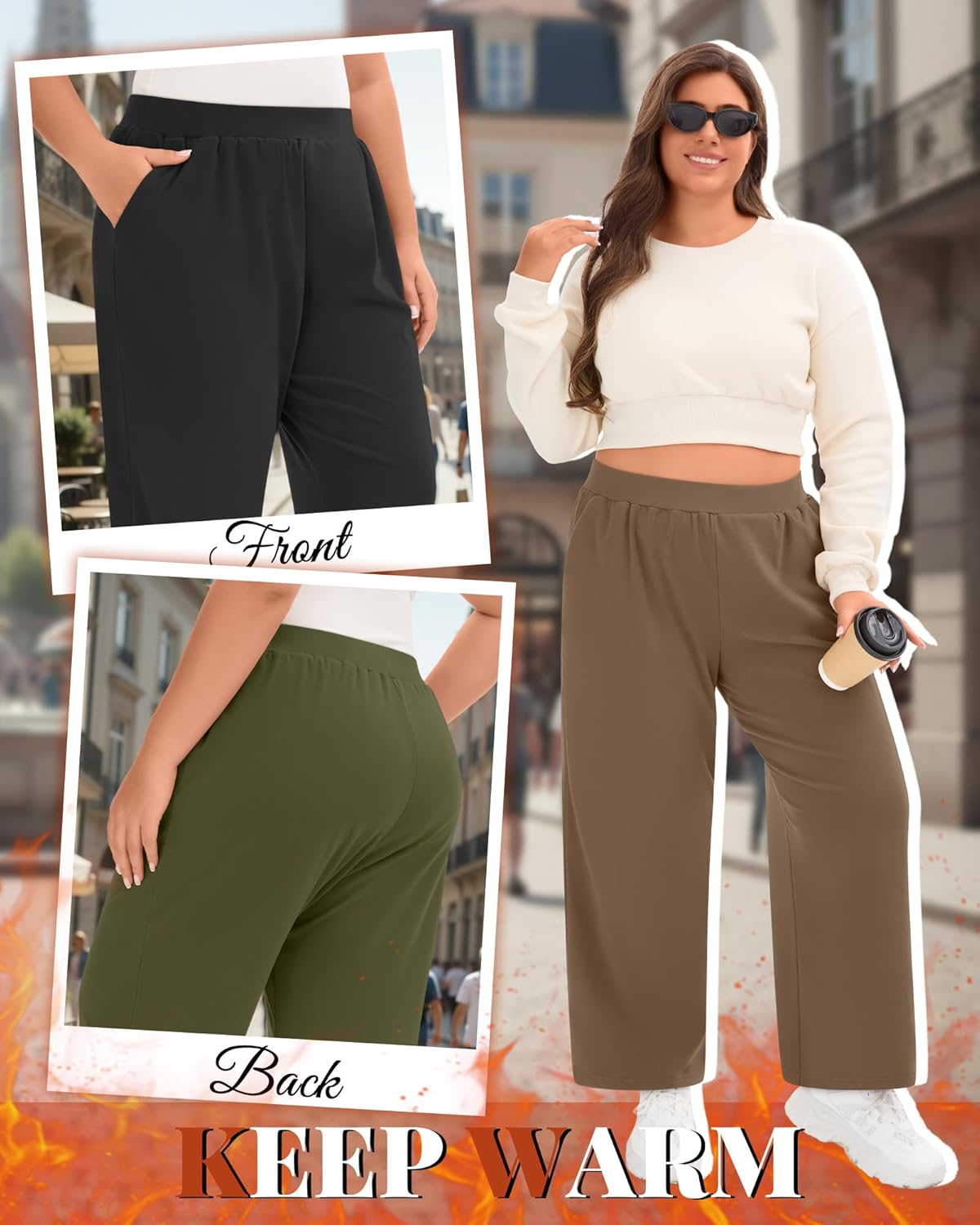 3 Pack Women's Plus Size Fleece Sweatpants Wide Leg Thermal Lounge Pants Pockets Elastic Waist Warm Trouser Jogger - Image 2