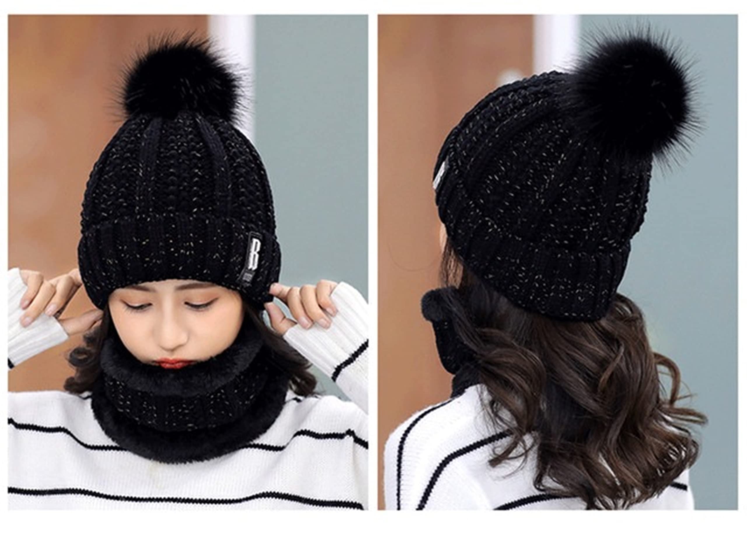 REFFER Latest Stylish Women's Girl's Winter Woolen Warm and Snow Proof Soft Beanie Cap and Scarf Set (Fur Inside) Women Winter caps (Black with Gloves) 1
