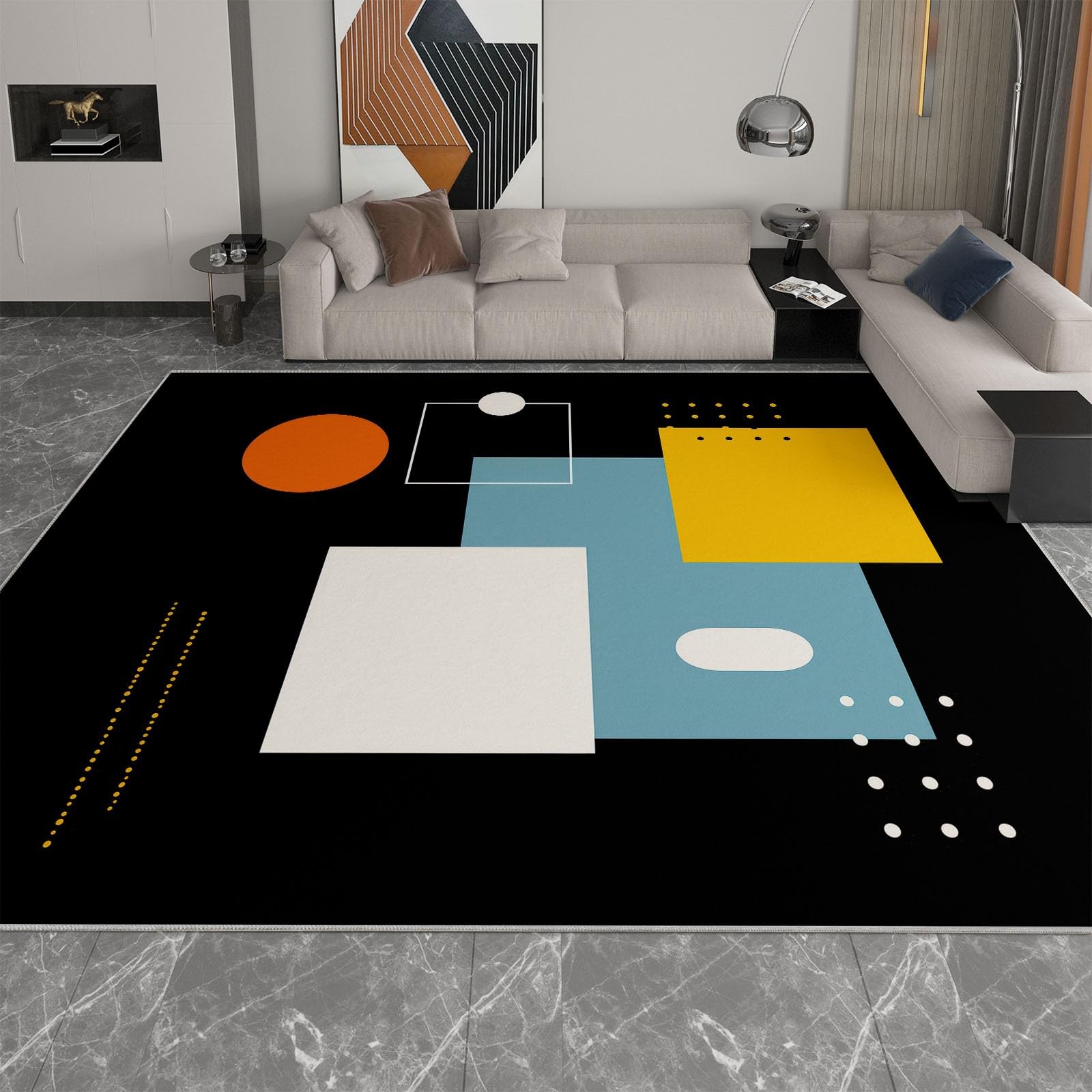 Abstrakcyjne klocki geometryczne Dywan do salonu 160 x 230 cm krótkie włosie miękki lekki wytrzymały, czarny dywan do sypialni Można prać w pralce do jadalni i biura dywan