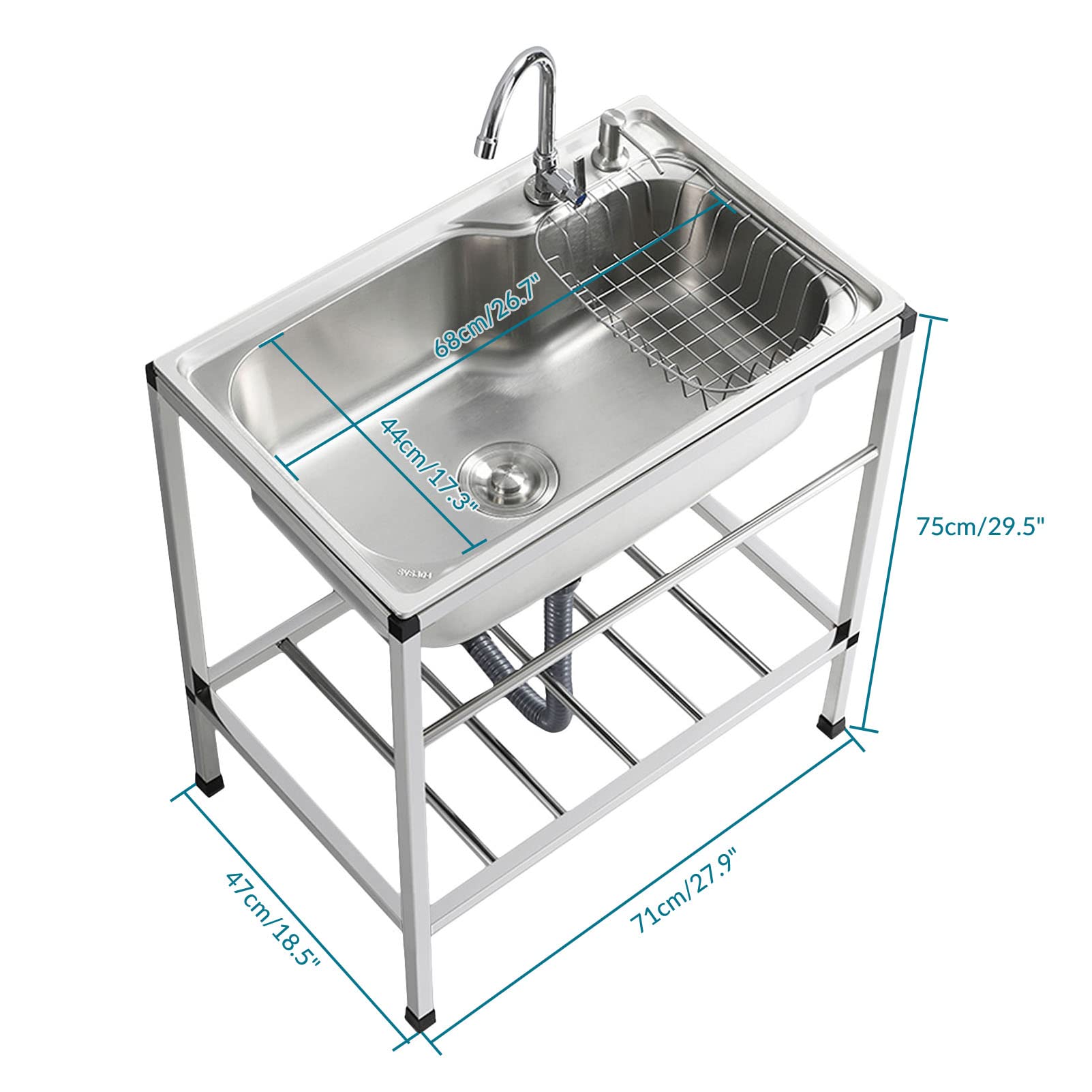 Lavello di Servizio in Acciaio Inox, autoportante, per cucine Commerciali, Lavato Industriale in Metallo per Lavanderia, Cortile e Garage.