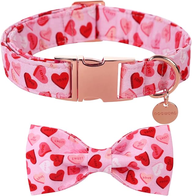 DOGWONG Valentine Dog Collar with Bow tie, Pink Heart Valentine Dog Collar Holiday Soft Durable Adjustable Cotton Puppy Collar for Small Medium Large Dog