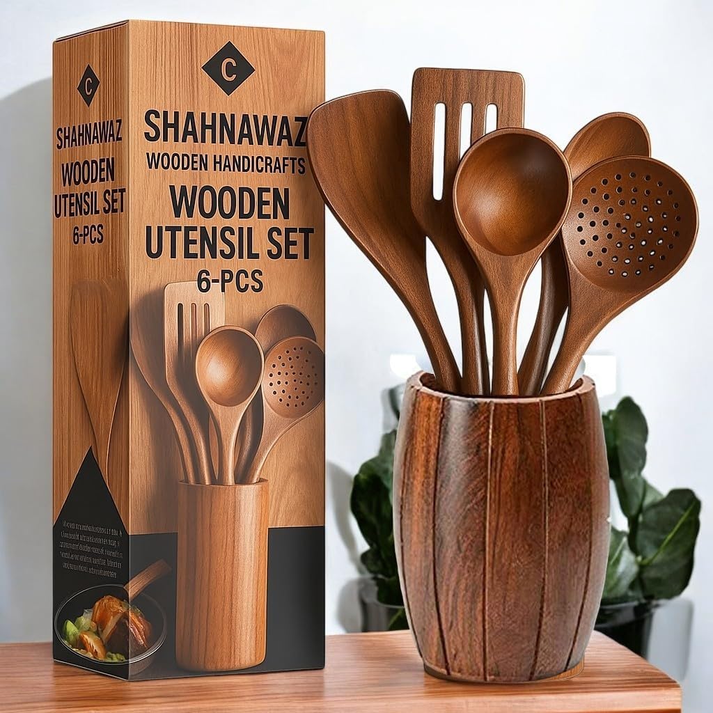 SHAHNAWAZ Handcrafted Teak Wooden Cooking Utensils Set (6-PCS) with Barrel Holder | Non-Scratch, Heat Resistant Spatula & Spoon Kitchen Tools