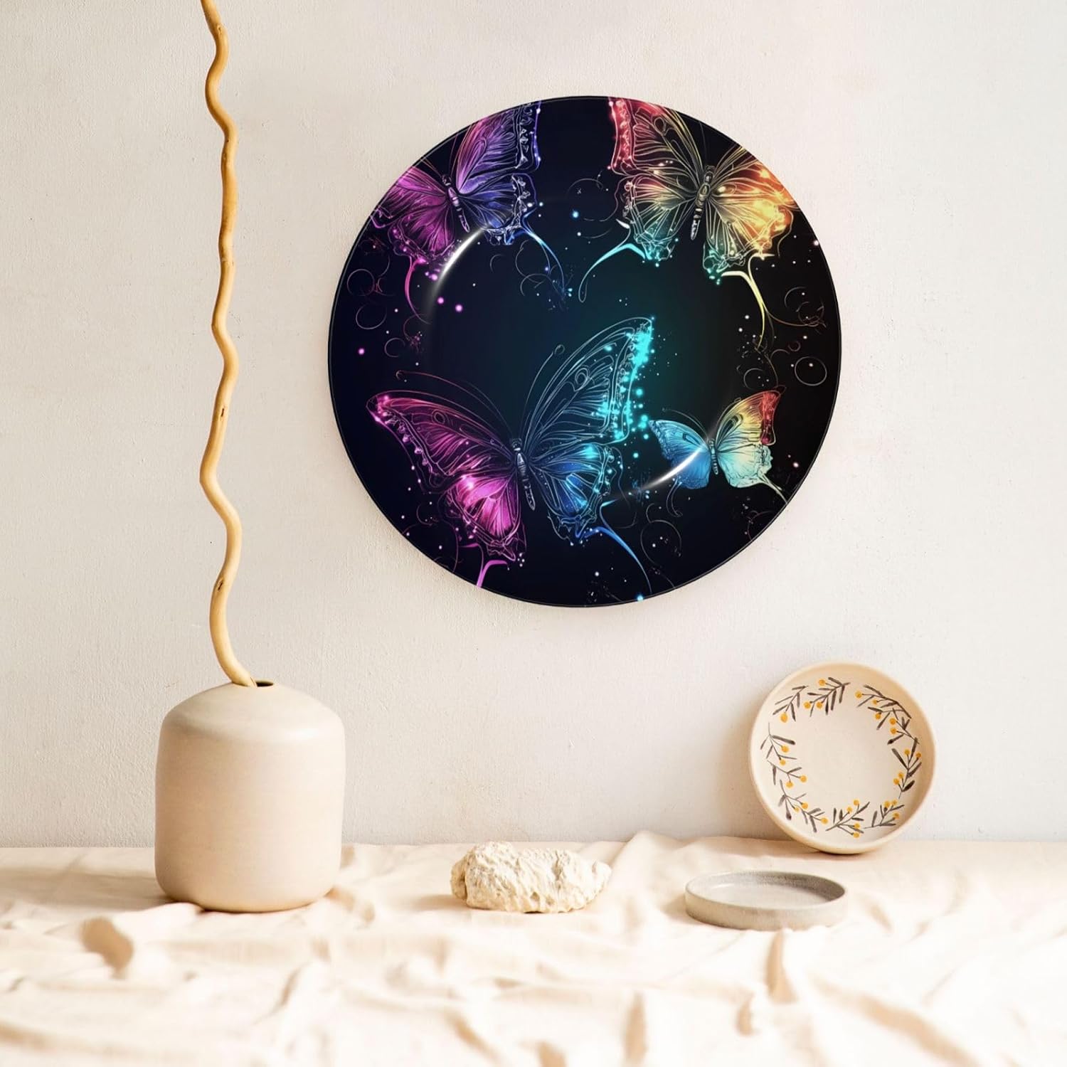 Glowing Night Butterfly Style Ceramic Plate Display Home Display With Stand Wall Hanging Plate For Home Decor 10 Inch