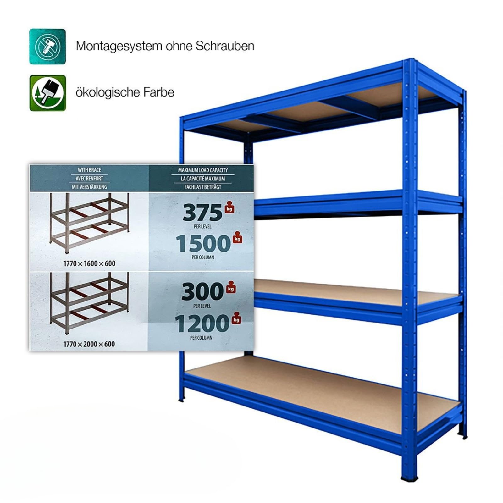 Floordirekt Weitspannregal - Schwerlastregal - Lagerregal - Kellerregal - Steckregal - Traglast bis 1500 kg (200 x 180 x 60 cm, Blau)