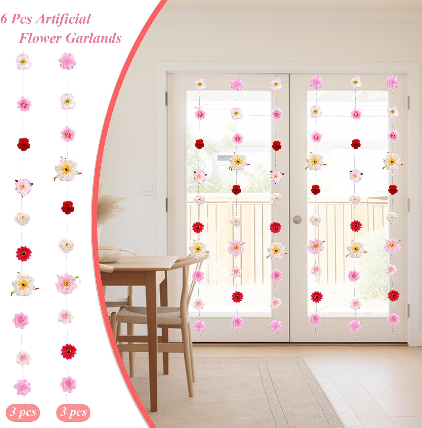 Hanging Flower Garland 6 Pcs Artificial Wildflower Floral Garlands 6ft Fake Vines with Flowers for Backdrop Wall Wedding Decor Birthday Baby Shower Party Spring Summer Decorations (Pink, 6 ft)