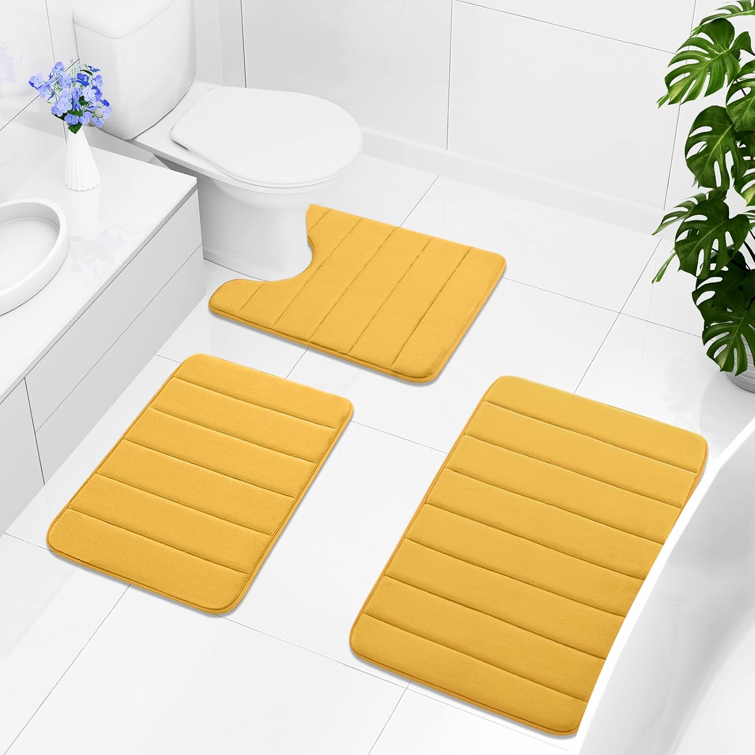 Buganda Bathroom Mat Set, 2 Piece Memory Foam Bath Mat and U-Shaped Toilet Rug, Machine Wash Dry, Soft Non Slip Absorbent Bath Rug for Bathroom, Shower and Tub (30" x 20"+24" x 20", Yellow)