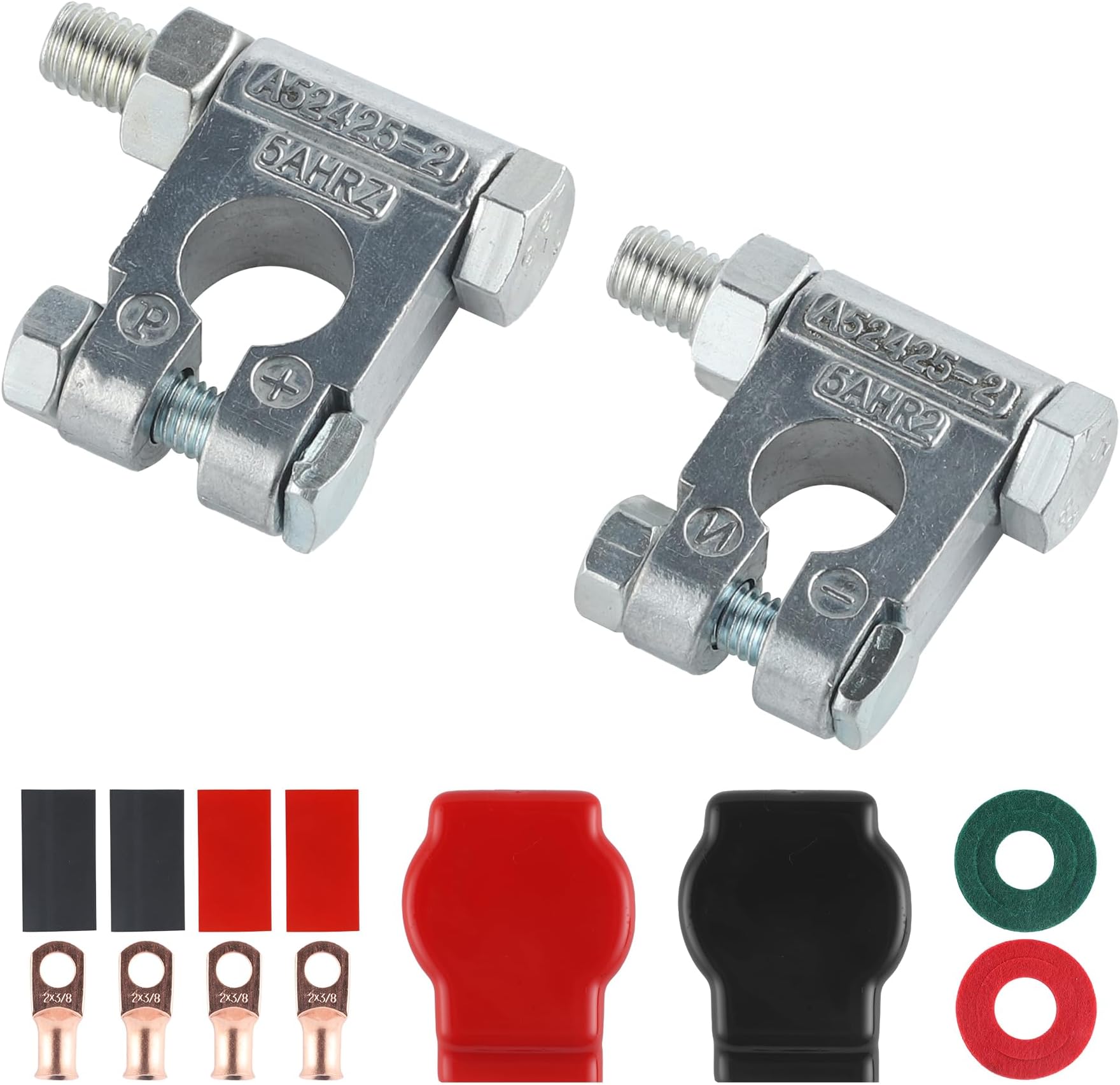 SINGARO Car Battery Terminal Connector Classification Kit, Military Spec Battery Terminals, with 4 Pcs 2 Gauge 3/8" Copper Lugs, 4 Heatshrink, 2 Covers, 2 Anti Corrosion Washers.