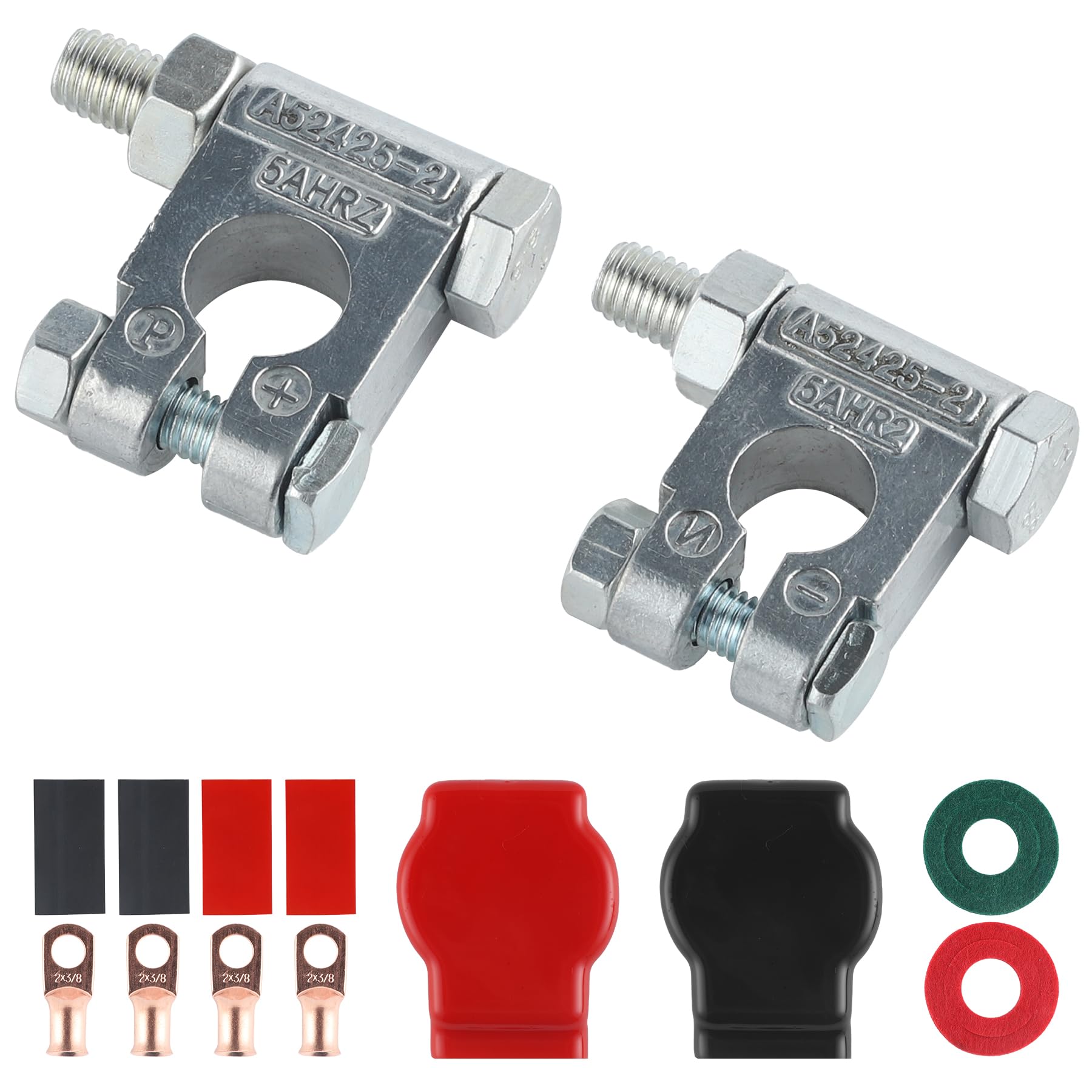 SINGARO Car Battery Terminal Connector Classification Kit, Military Spec Battery Terminals, with 4 Pcs 2 Gauge 3/8" Copper Lugs, 4 Heatshrink, 2 Covers, 2 Anti Corrosion Washers.
