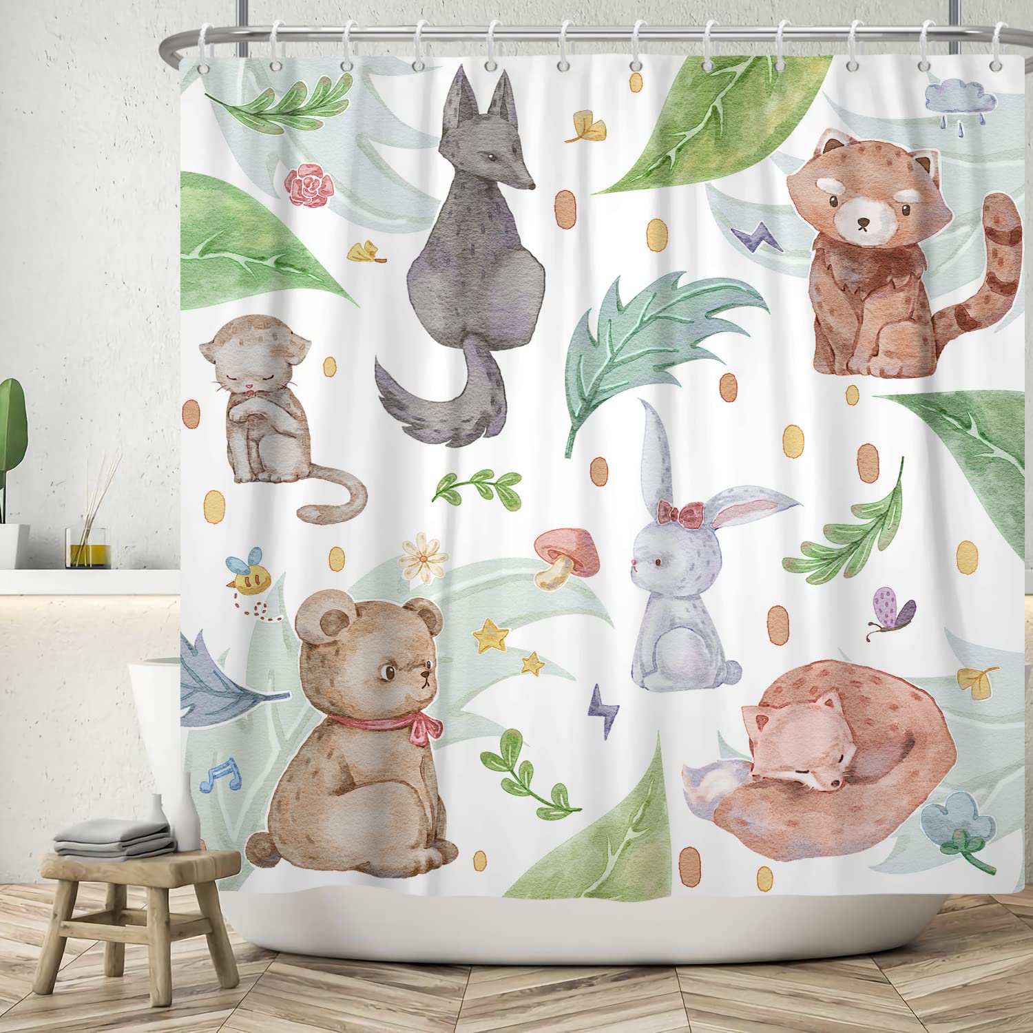 Ttincceer 180x180cm Cartoon Animal Shower Curtain Cute Cat Rabbit Fox Bath Curtain Hand Painted Funny Animal Plant Shower Curtains Waterproof Bathtub Curtain — image 1