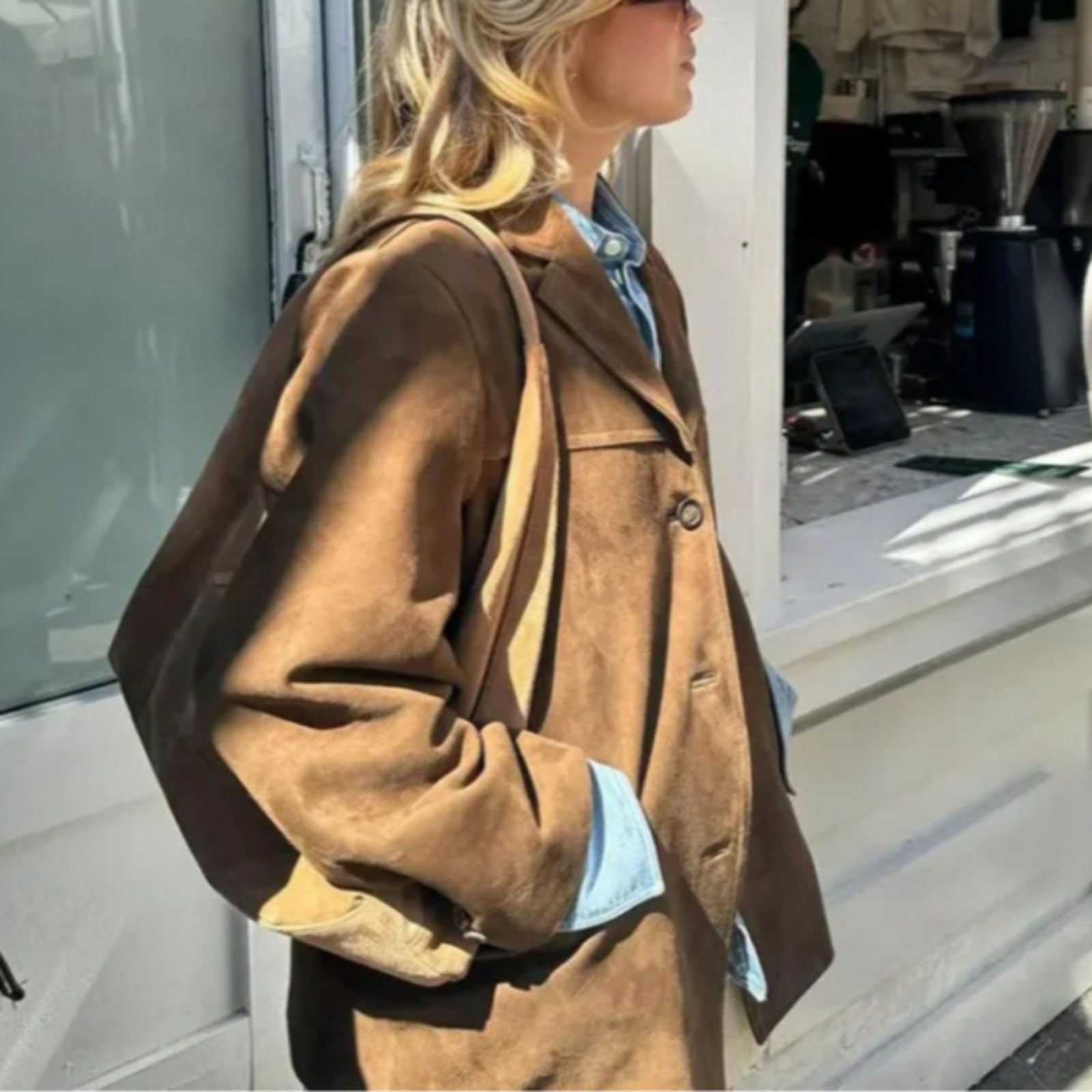 Damska brązowa zamszowa kurtka Faux Suede Blazer Coat Vintage Estetyka Ponadgabarytowa odzież wierzchnia(Brown,M)